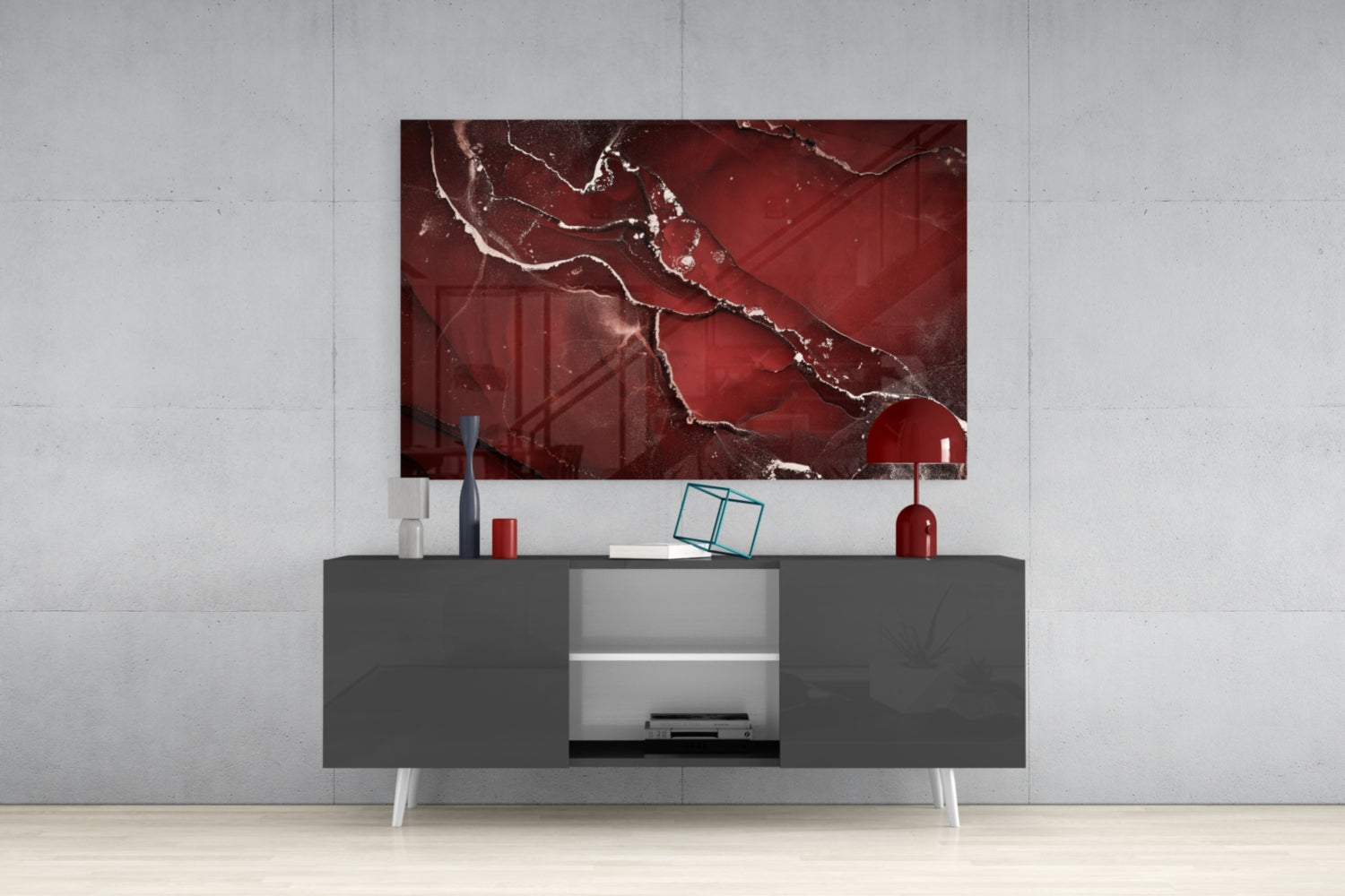 Crimson Red Veined Marble Glass Wall Art