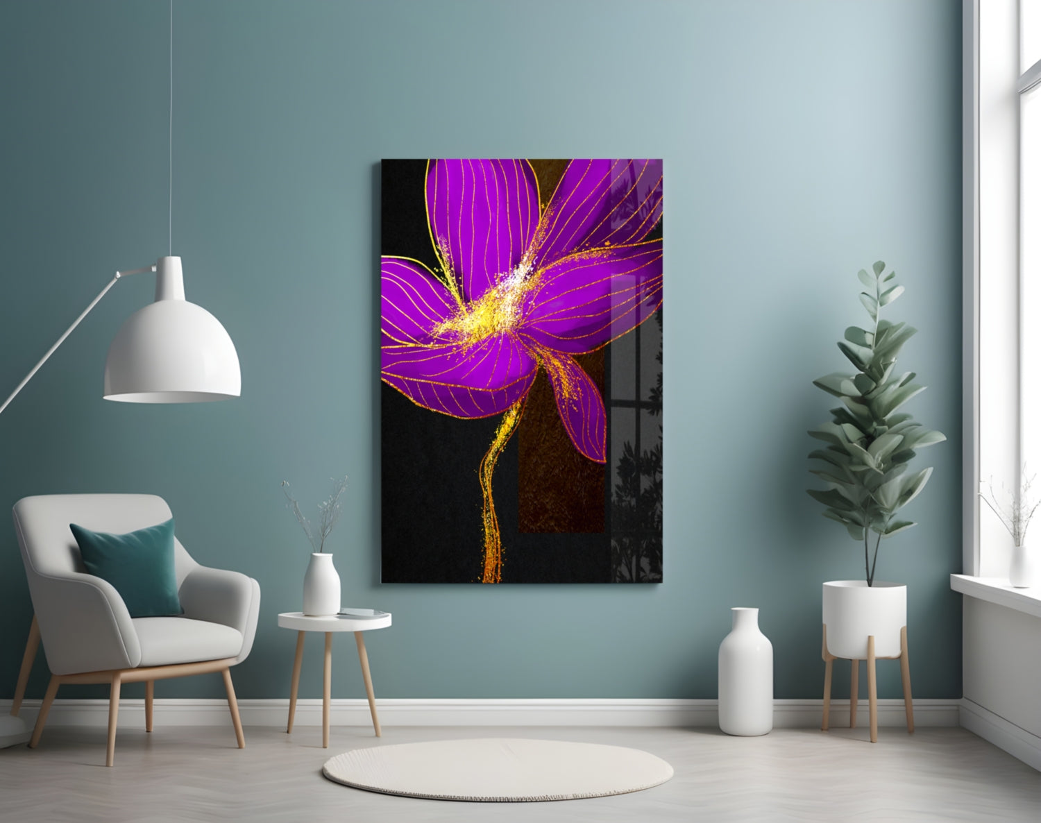 Neon Purple Flower With Gold Splash Glass Wall Art