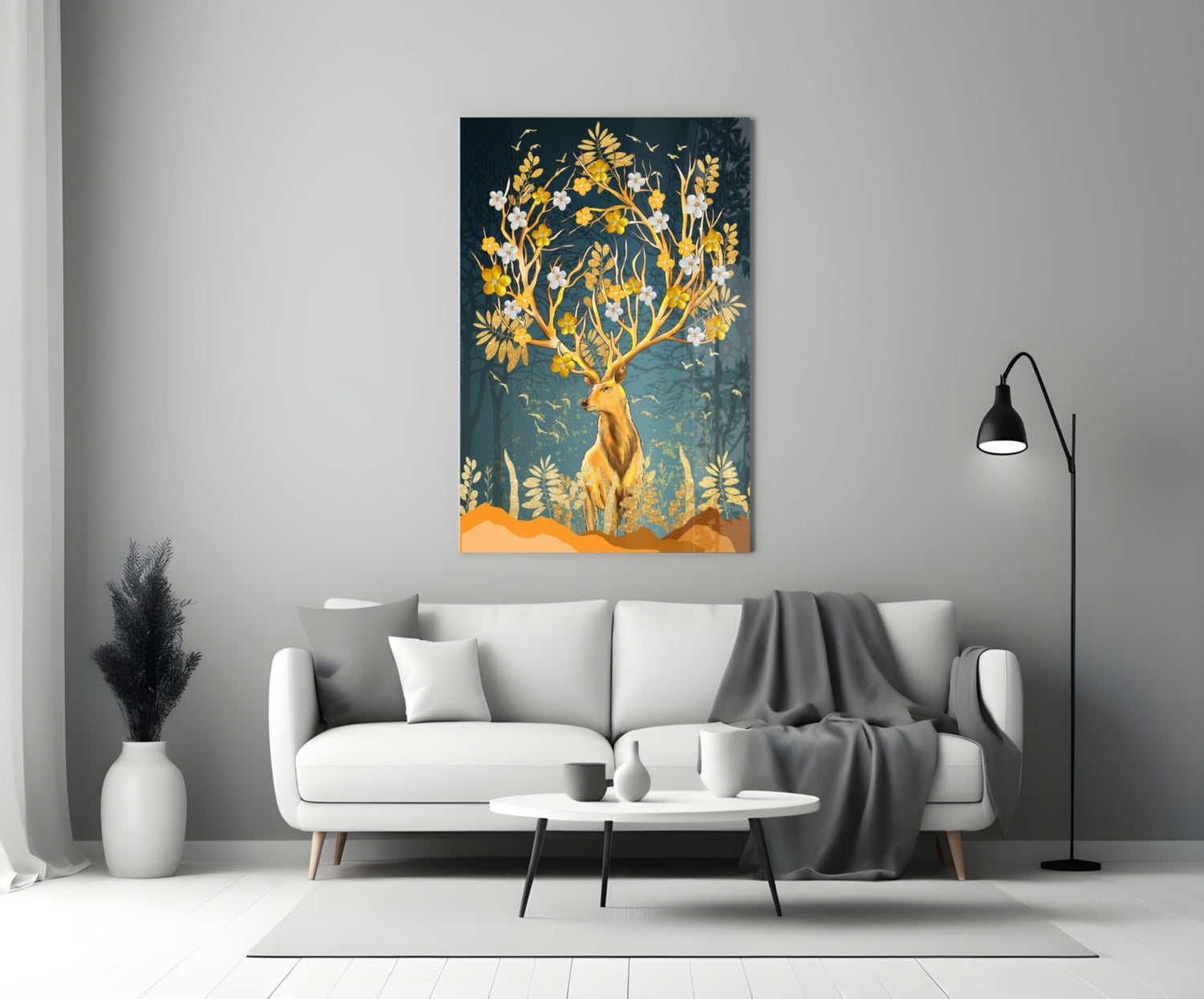 Golden Floral Antler Stag Glass Wall Art
