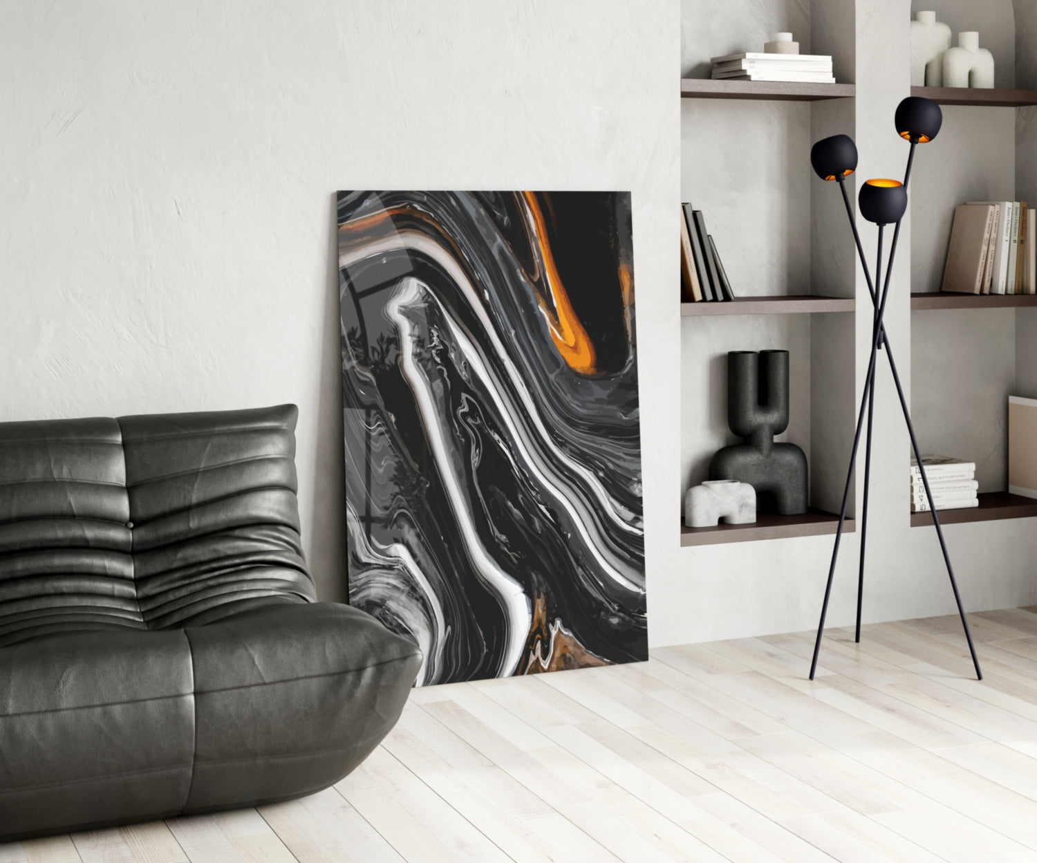 Black Agate Orange Swirl Glass Wall Art