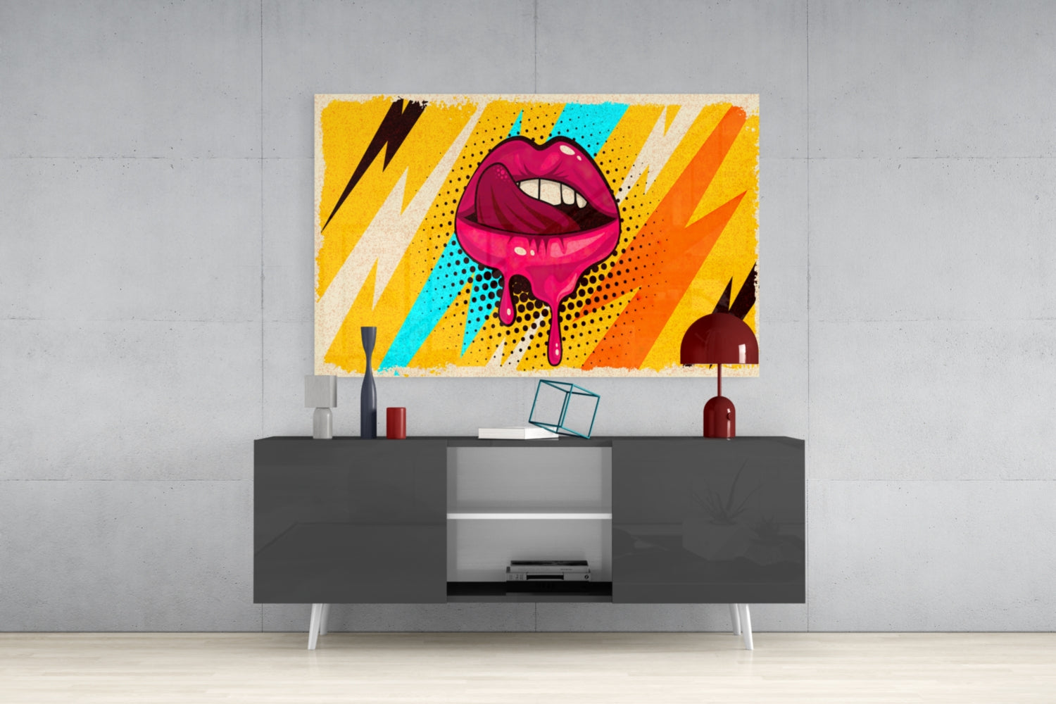 Pop Art Dripping Lips With Lightning Bolts Glass Wall Art