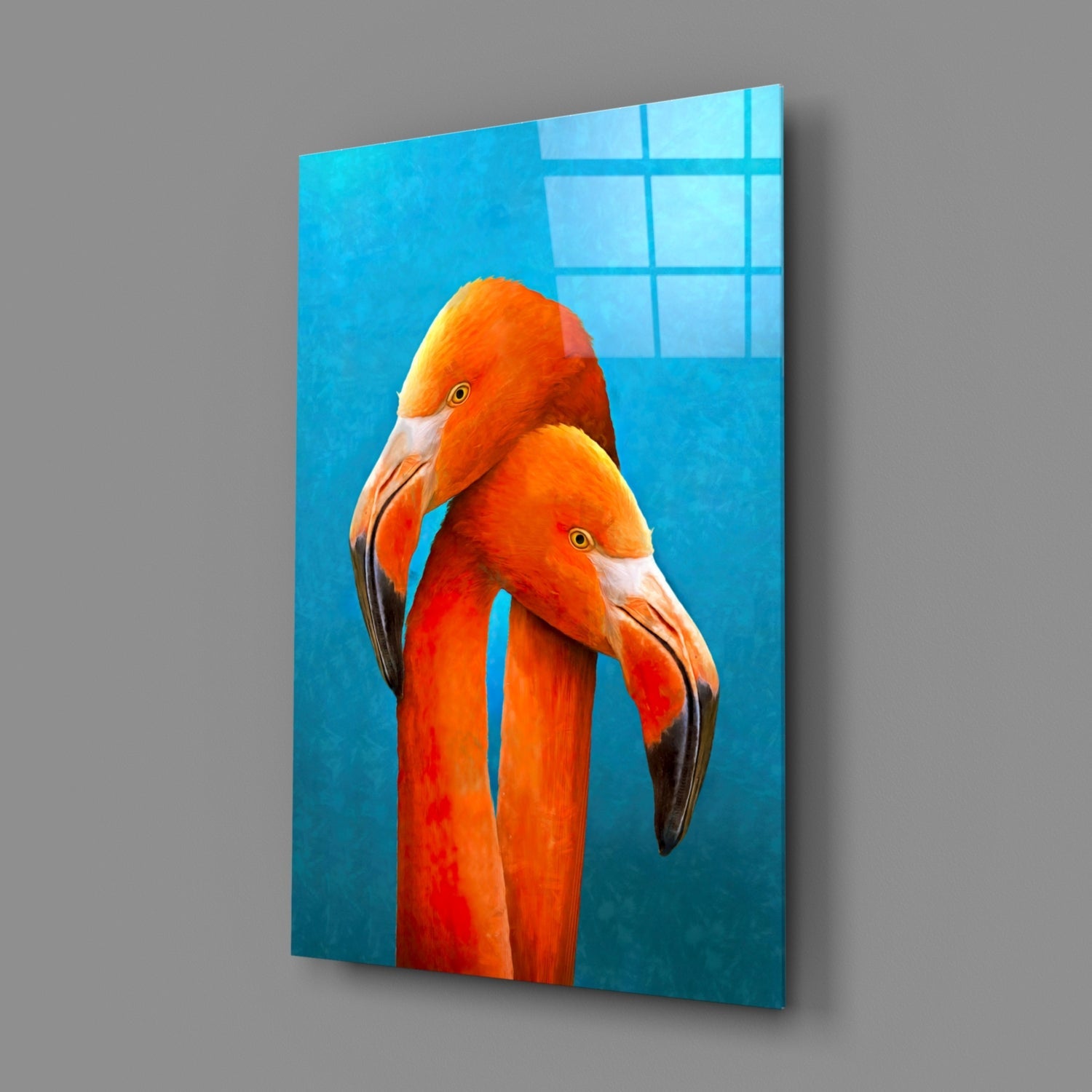 Turquoise Backdrop Orange Flamingo Pair Glass Wall Art
