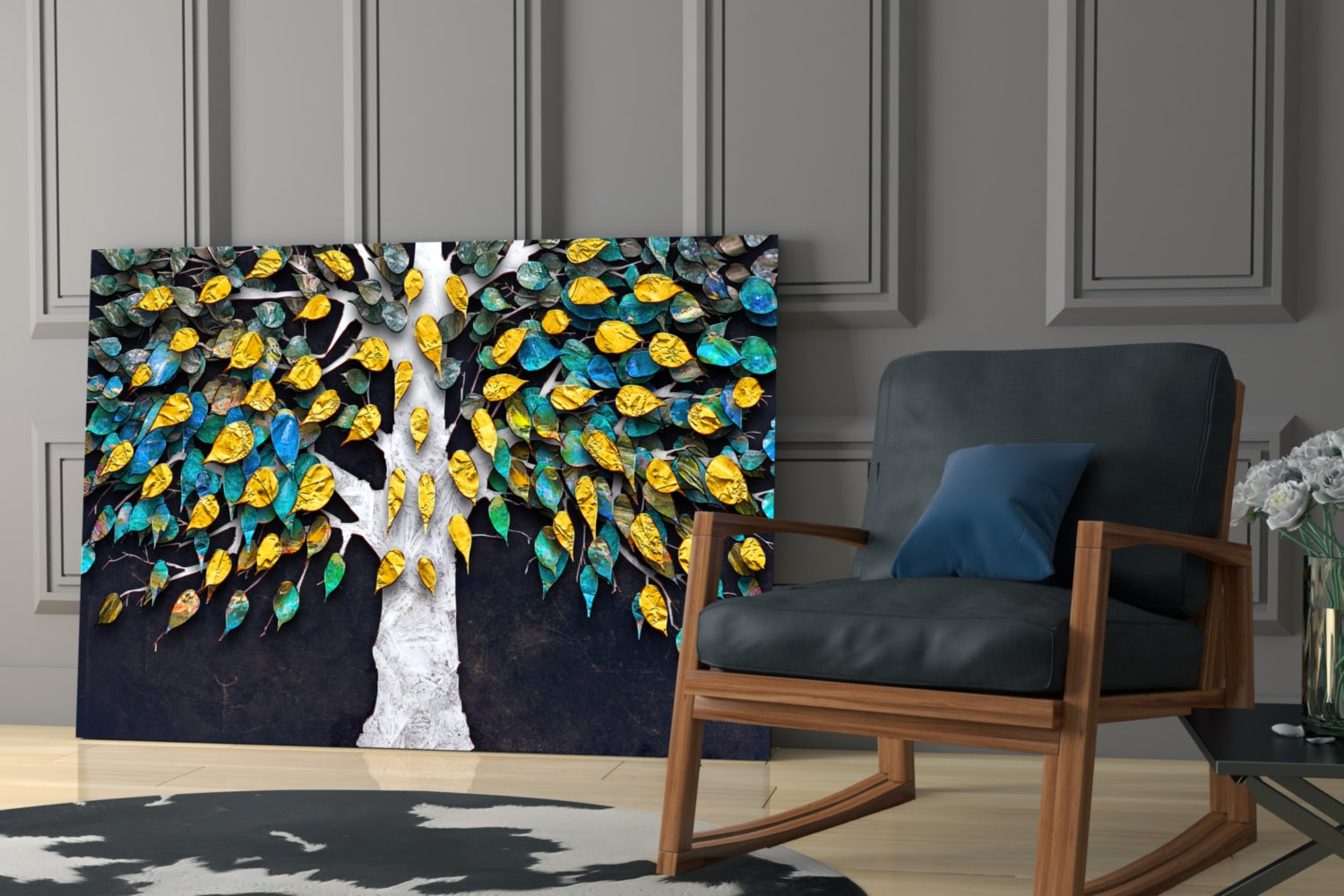 Teal And Gold Leaves White Trunk Tree of Life Glass Wall Art