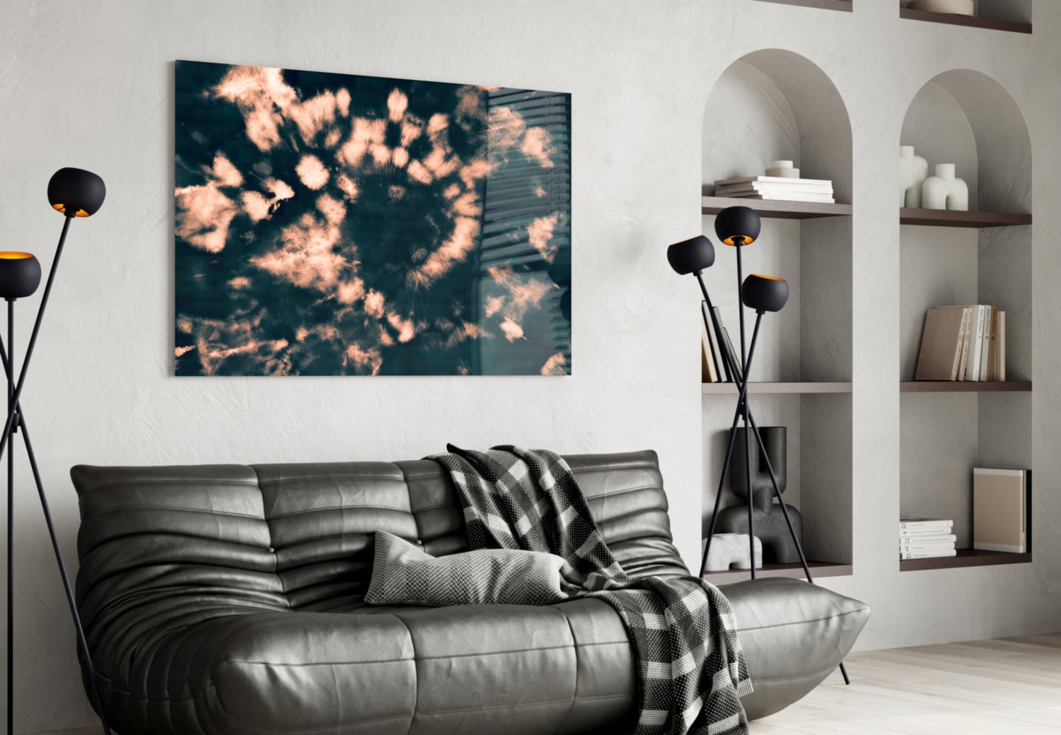 Peach Dandelion Spiral Navy Glass Wall Art