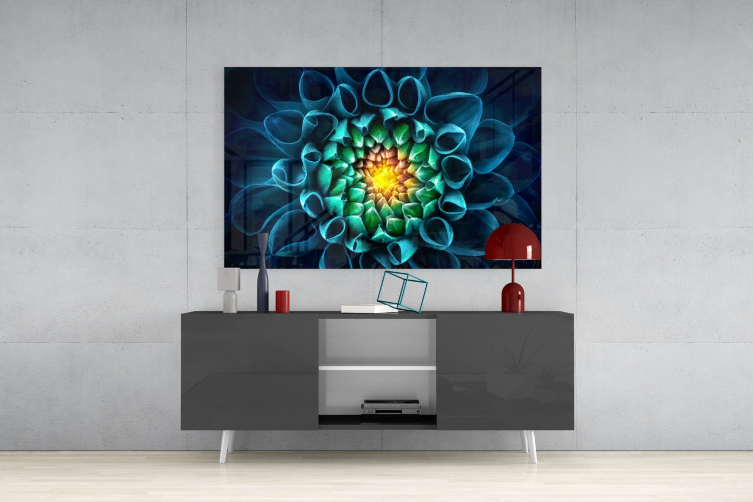 Glowing Teal Dahlia Glass Wall Art
