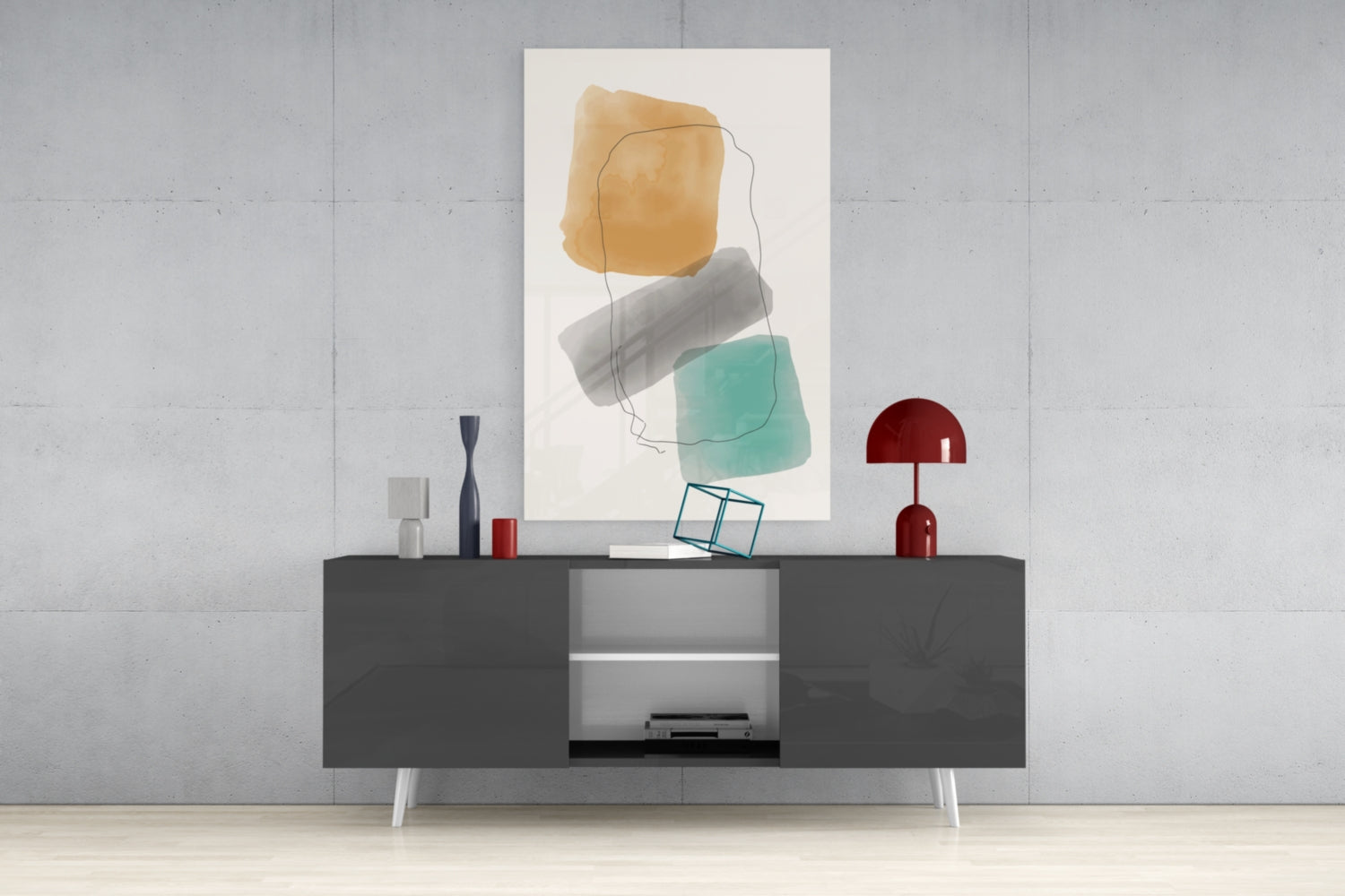 Ochre Grey Teal Watercolor Blocks Glass Wall Art