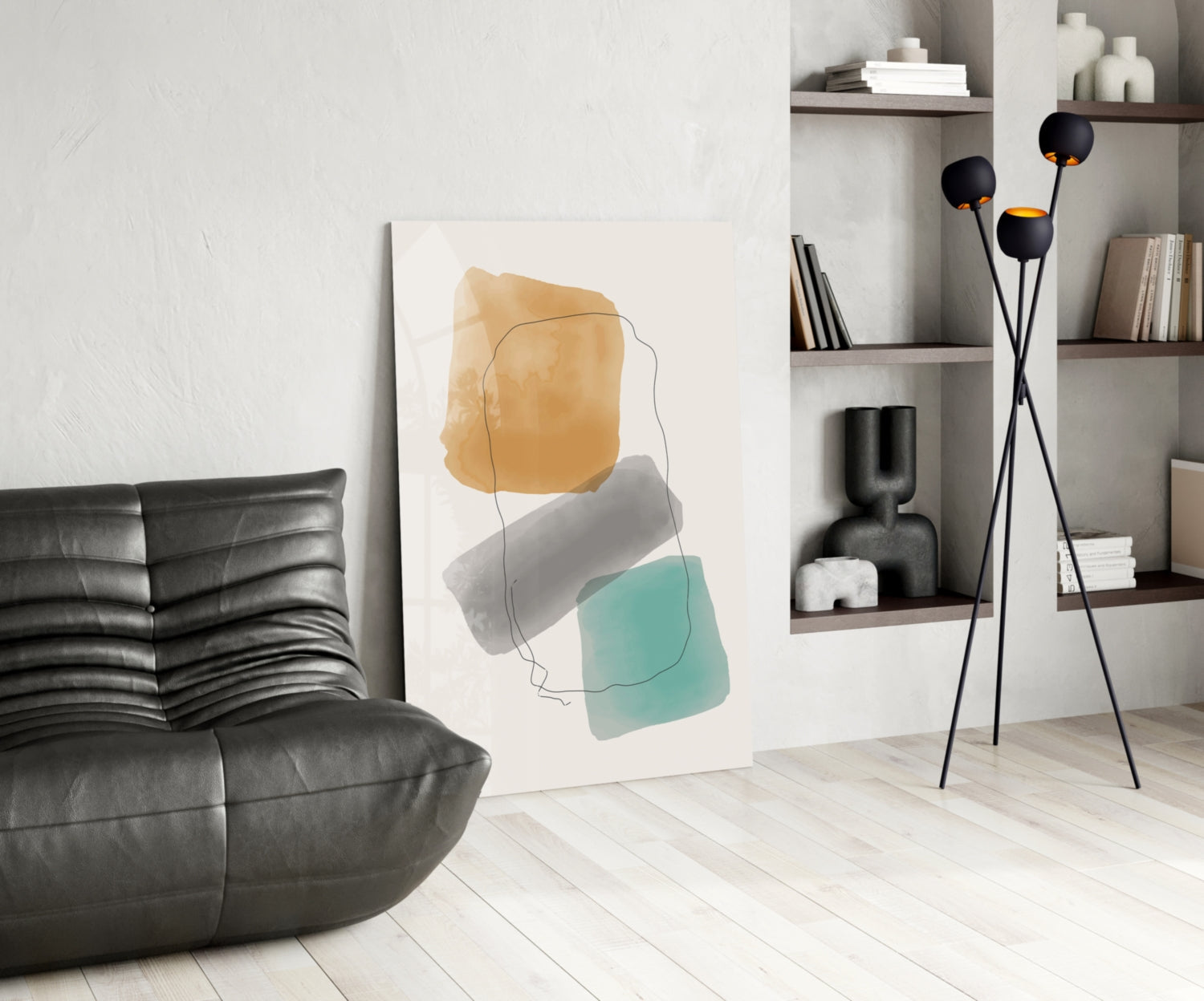 Ochre Grey Teal Watercolor Blocks Glass Wall Art