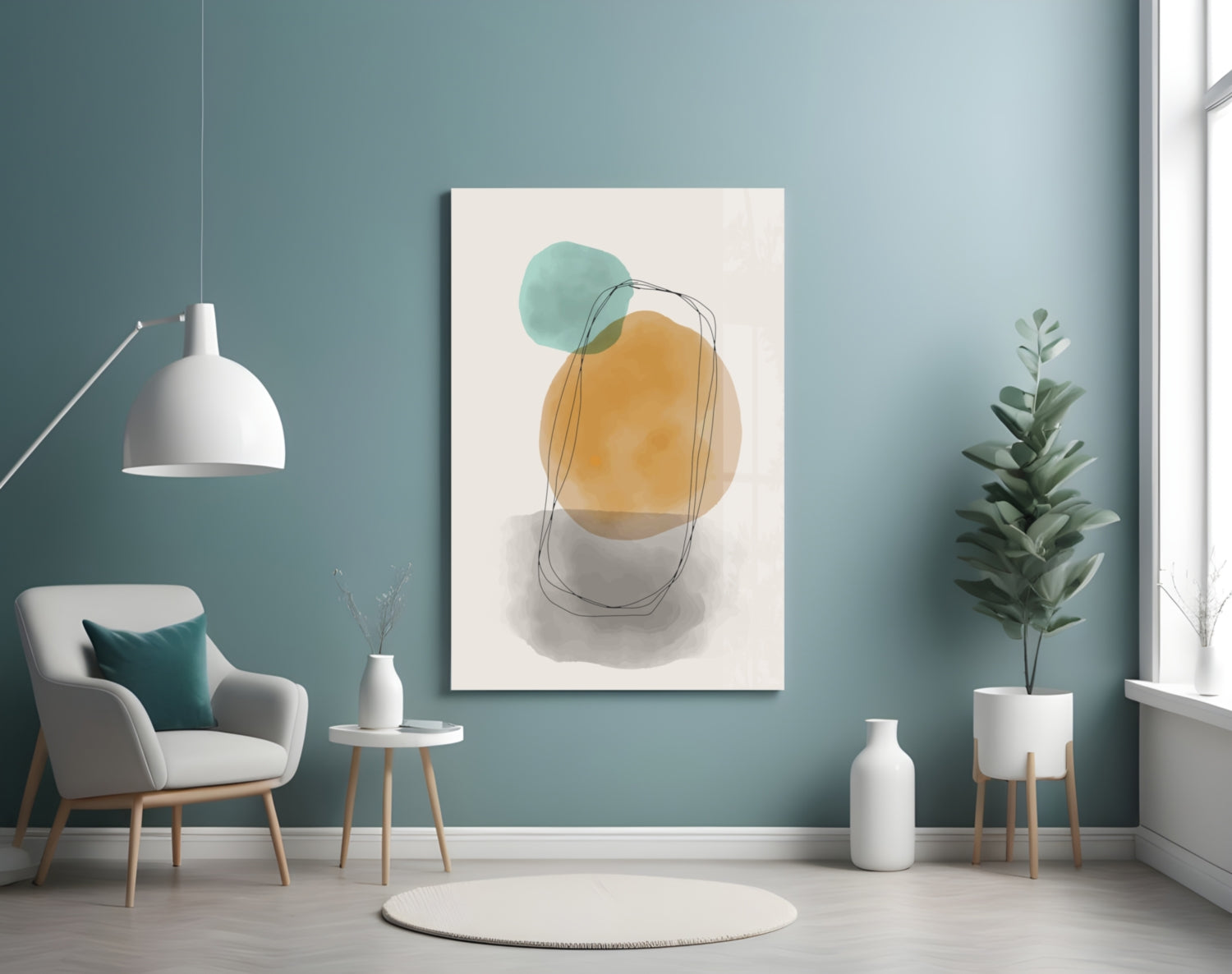 Teal Ochre Circles Line Loop Glass Wall Art