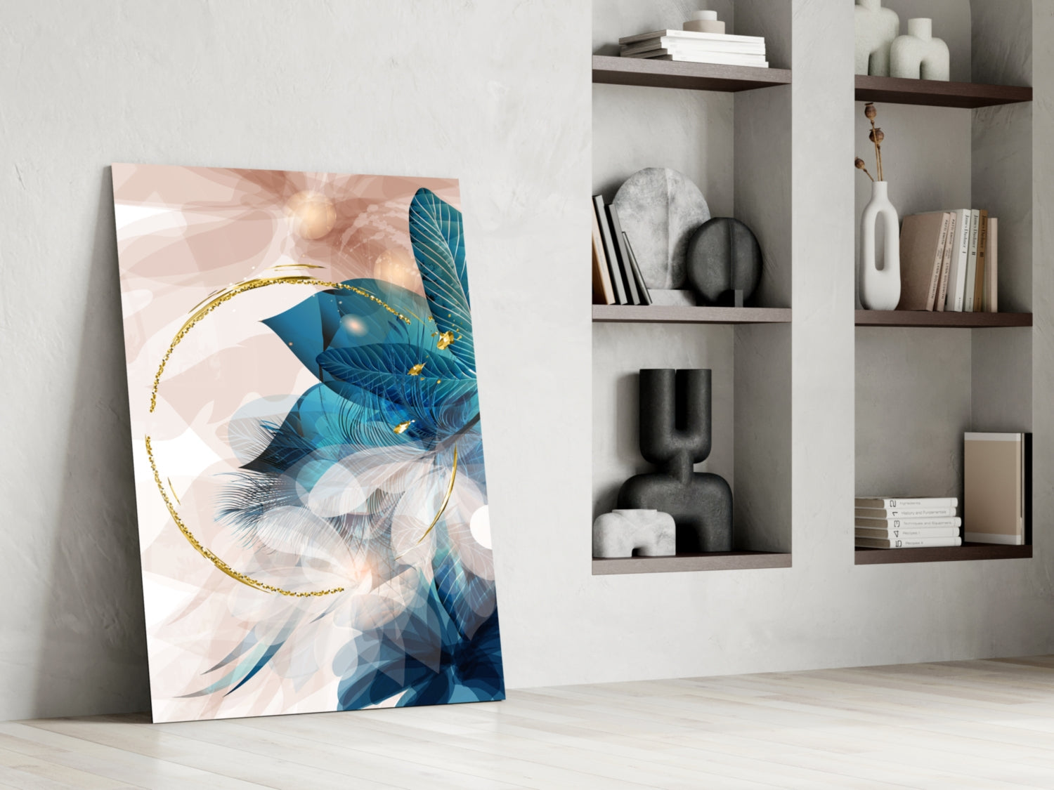 Gold Ring and Teal Feather Blooms Glass Wall Art