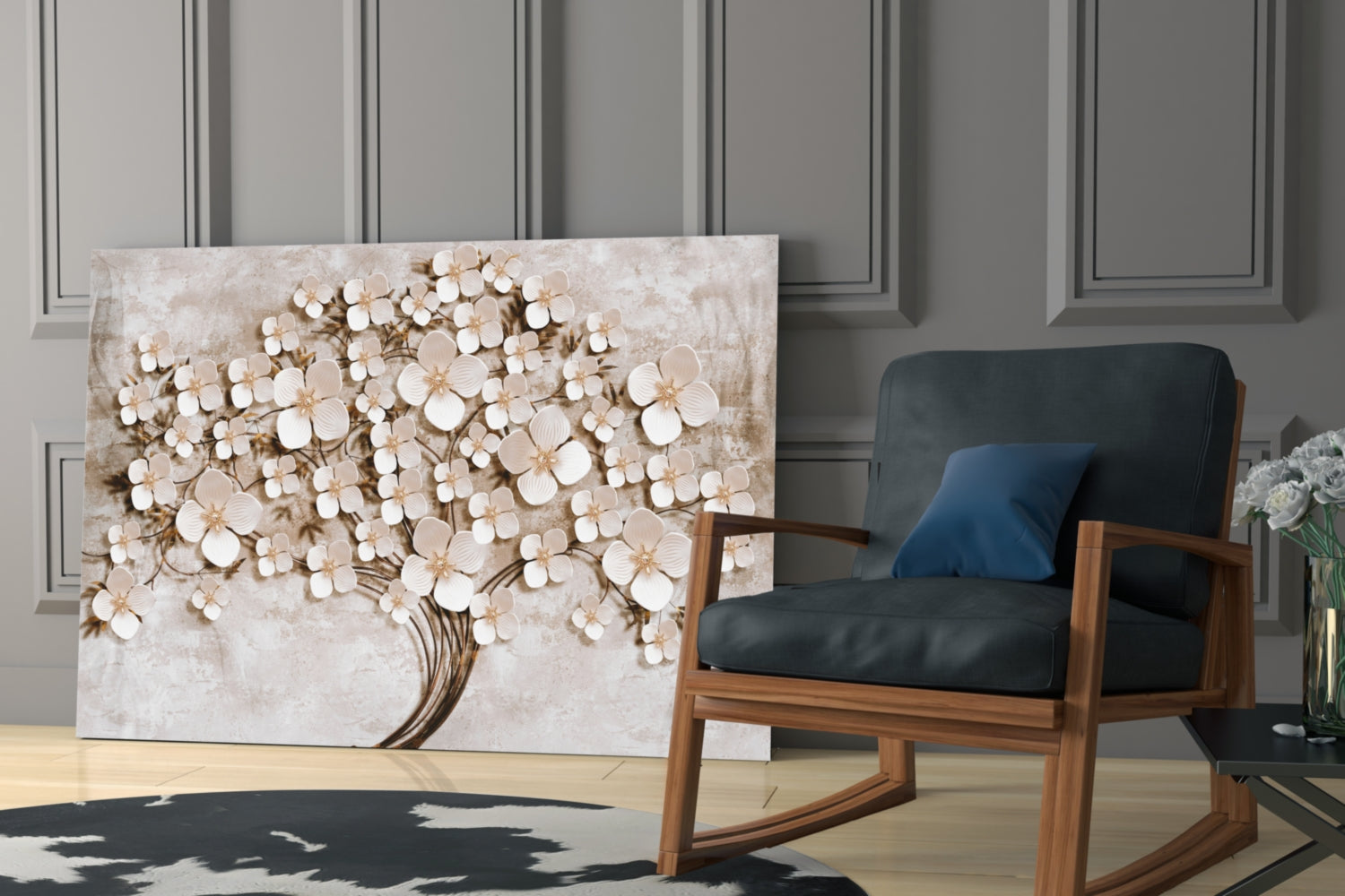 Cream Petals Beige Blossom Tree of Life Glass Wall Art