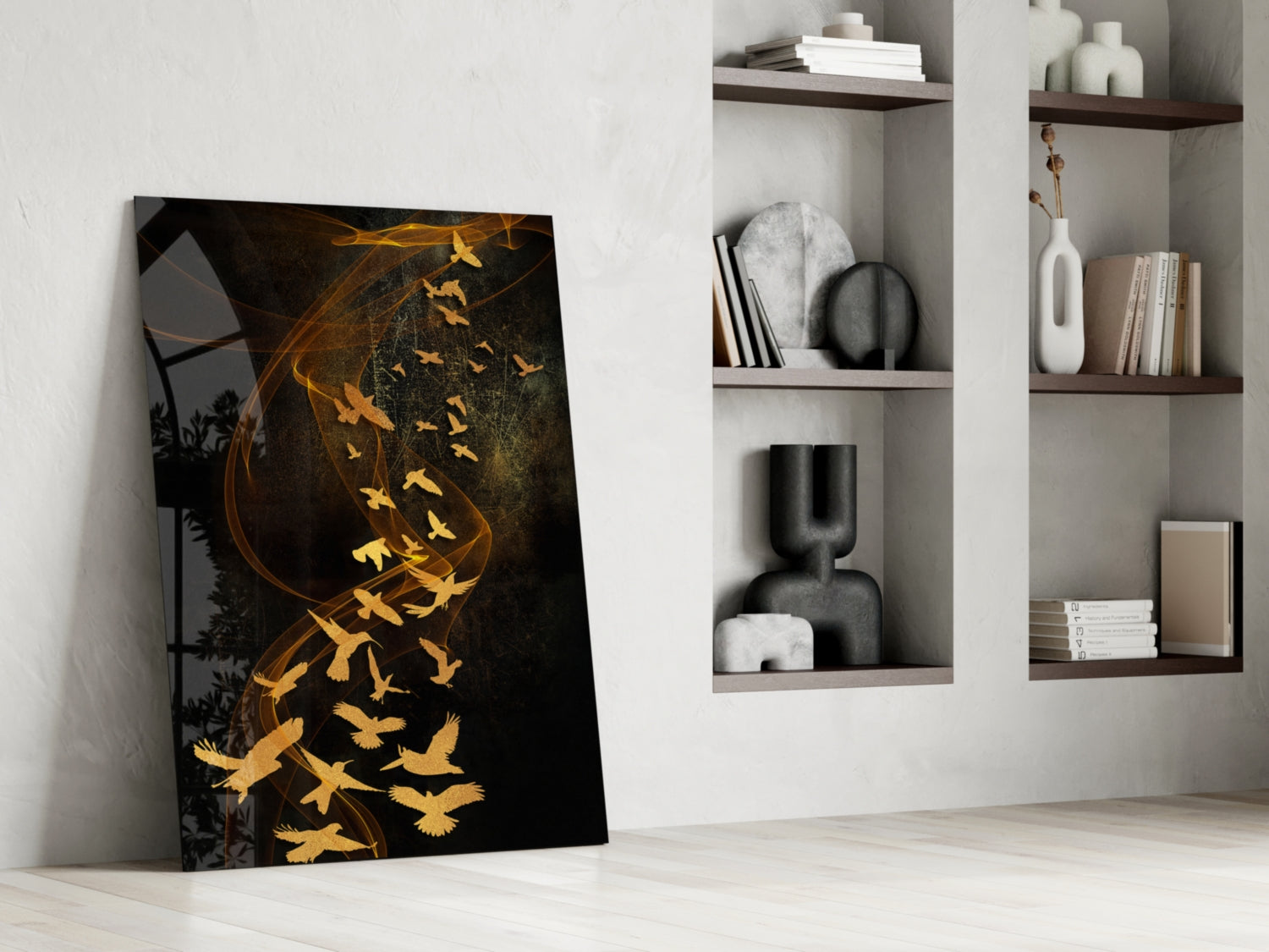 Golden Birds Flying Over Dark Ribbons Glass Wall Art