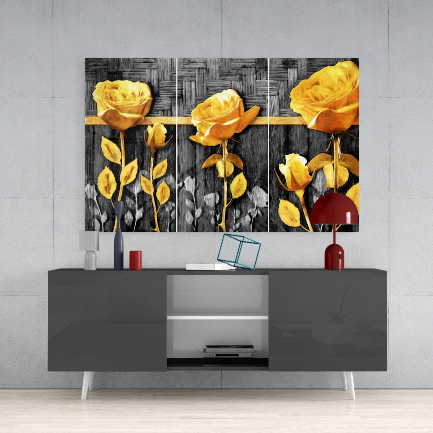 Golden Roses Gray Wood Triptych Glass Wall Art