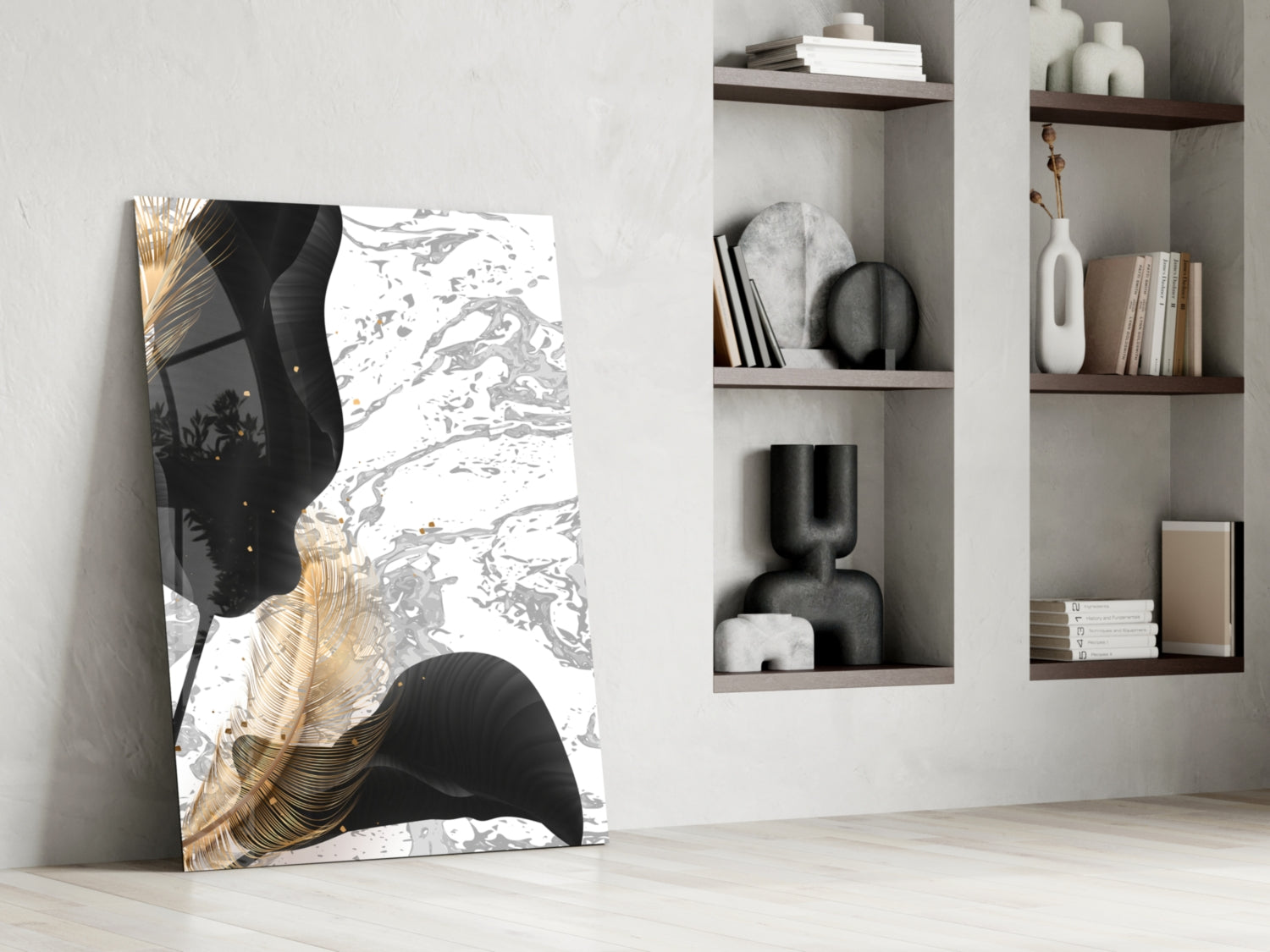 Black Gold Leaf Marble Glass Wall Art