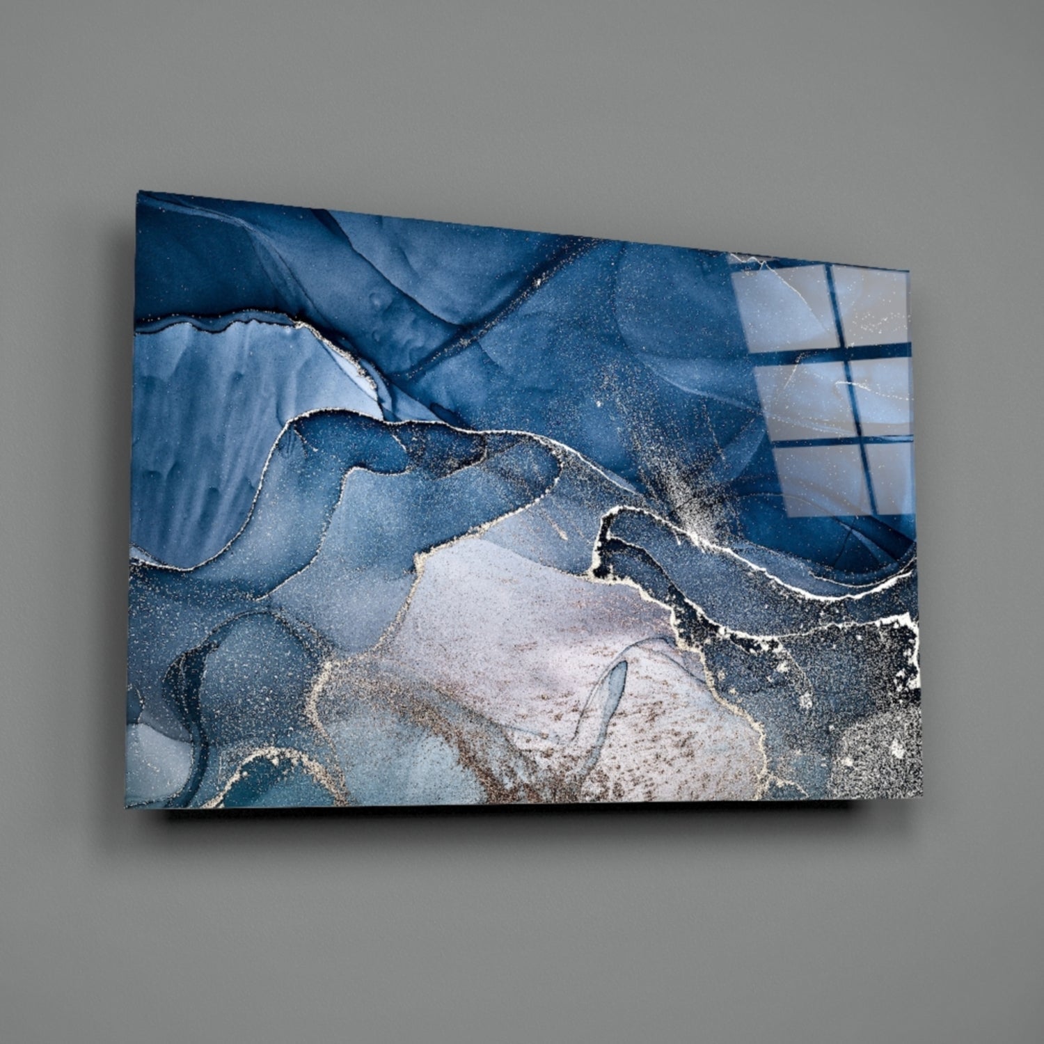 Steel Blue Gold Ink Glass Wall Art