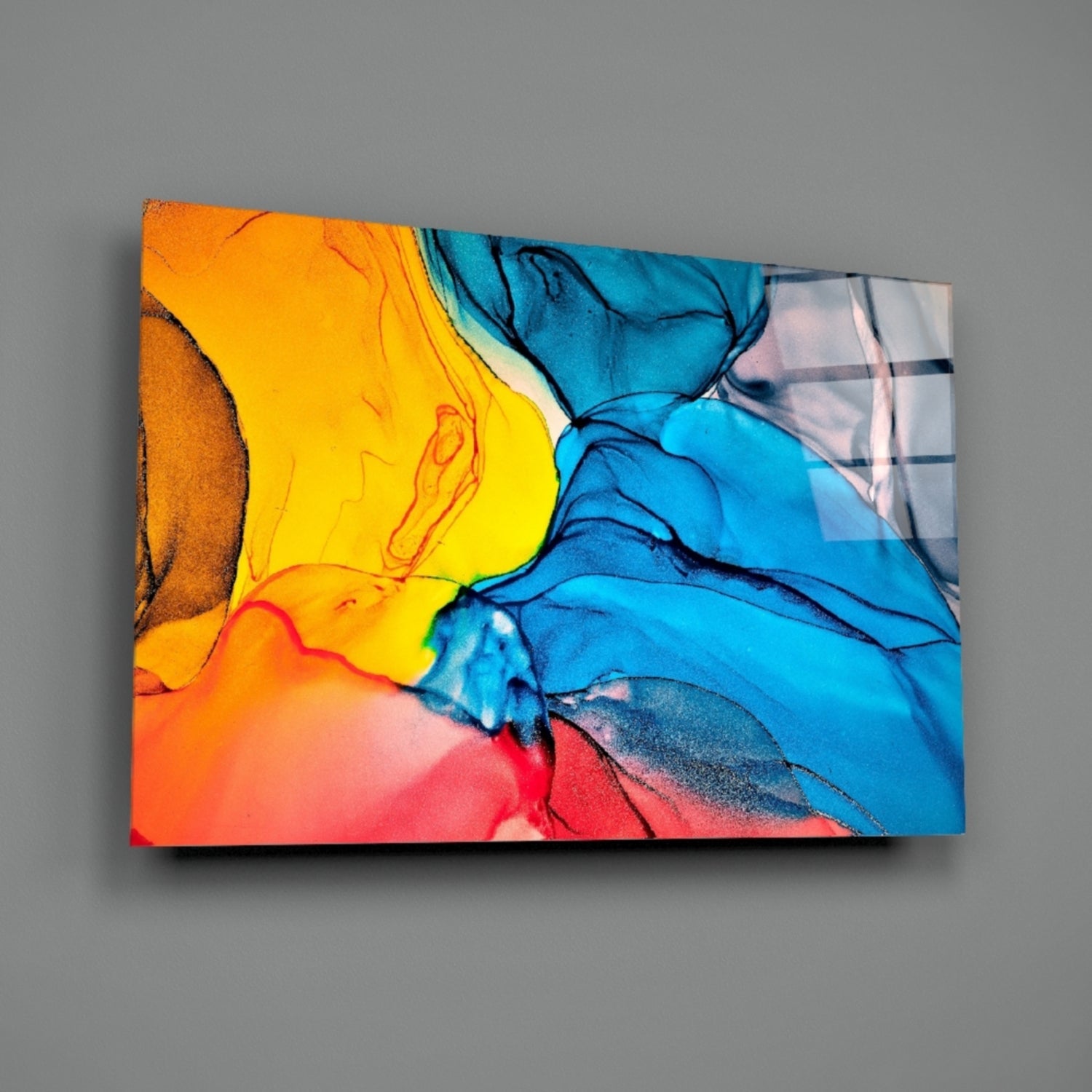 Blue and Orange Ink Flow Glass Wall Art