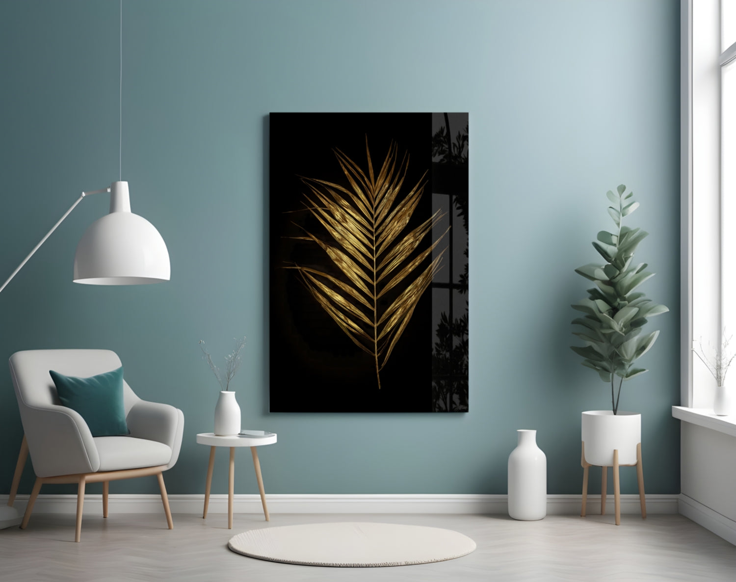 Golden Palm Leaf Black Glass Wall Art