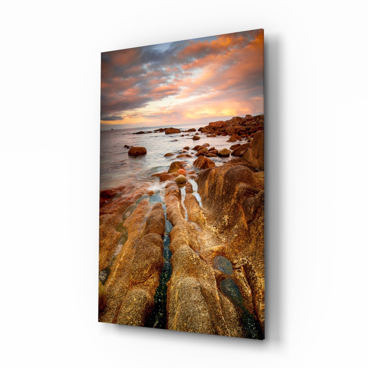 Golden Rocky Coast At Sunset Glass Wall Art