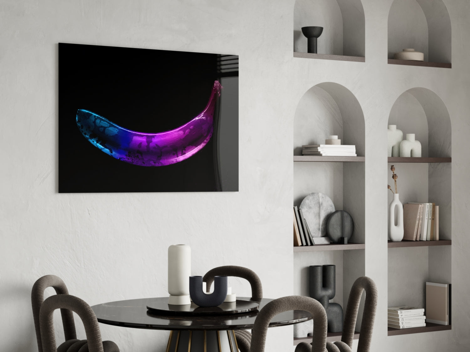 Neon Lit Banana on Black Glass Wall Art