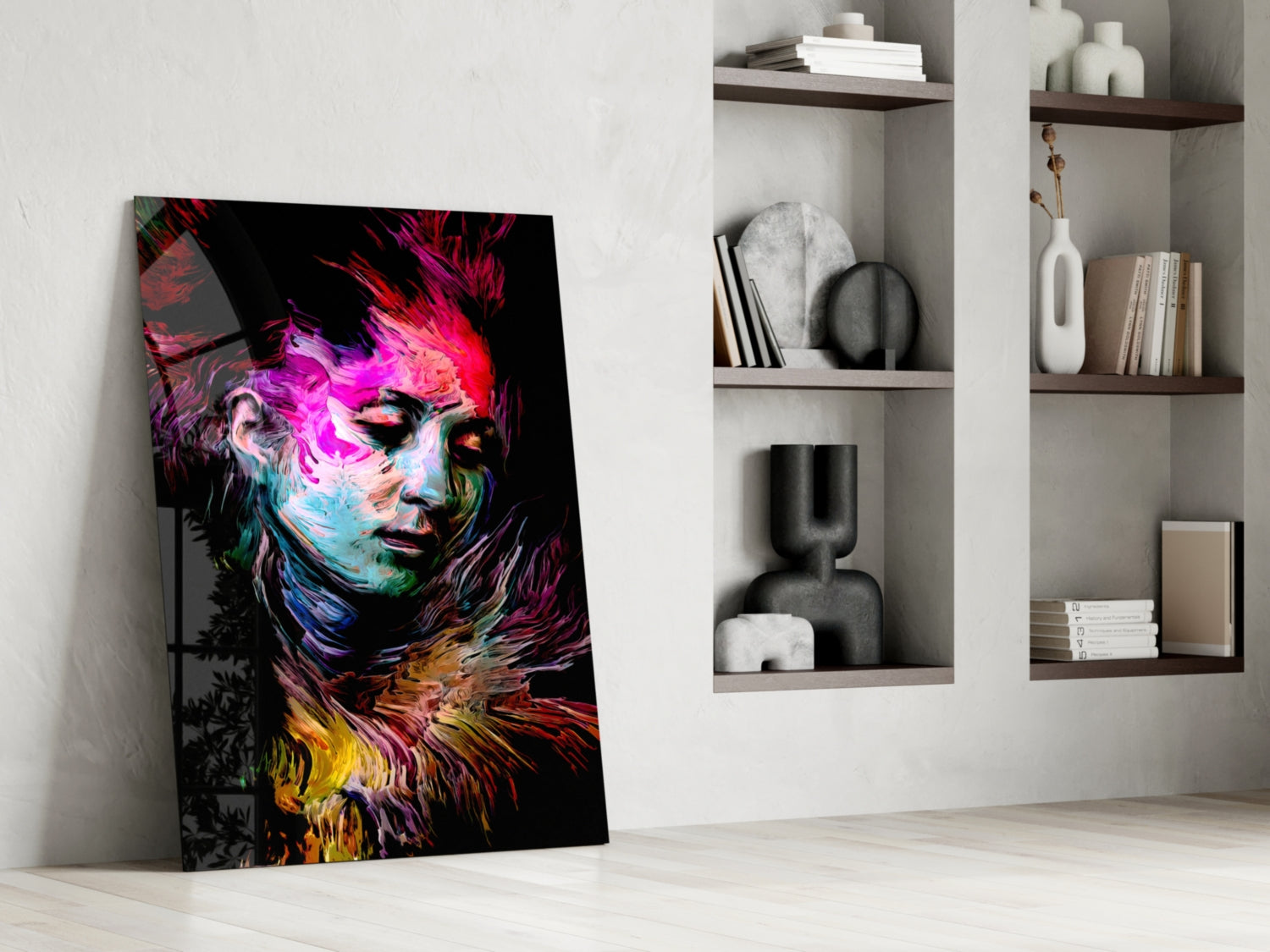 Neon Painted Woman Face Portrait Glass Wall Art
