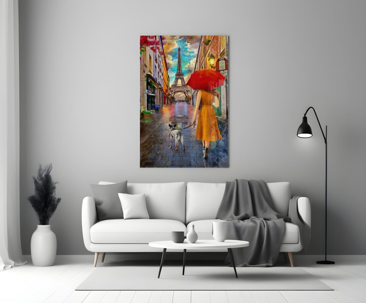 Orange Dress Woman Red Umbrella Paris Glass Wall Art