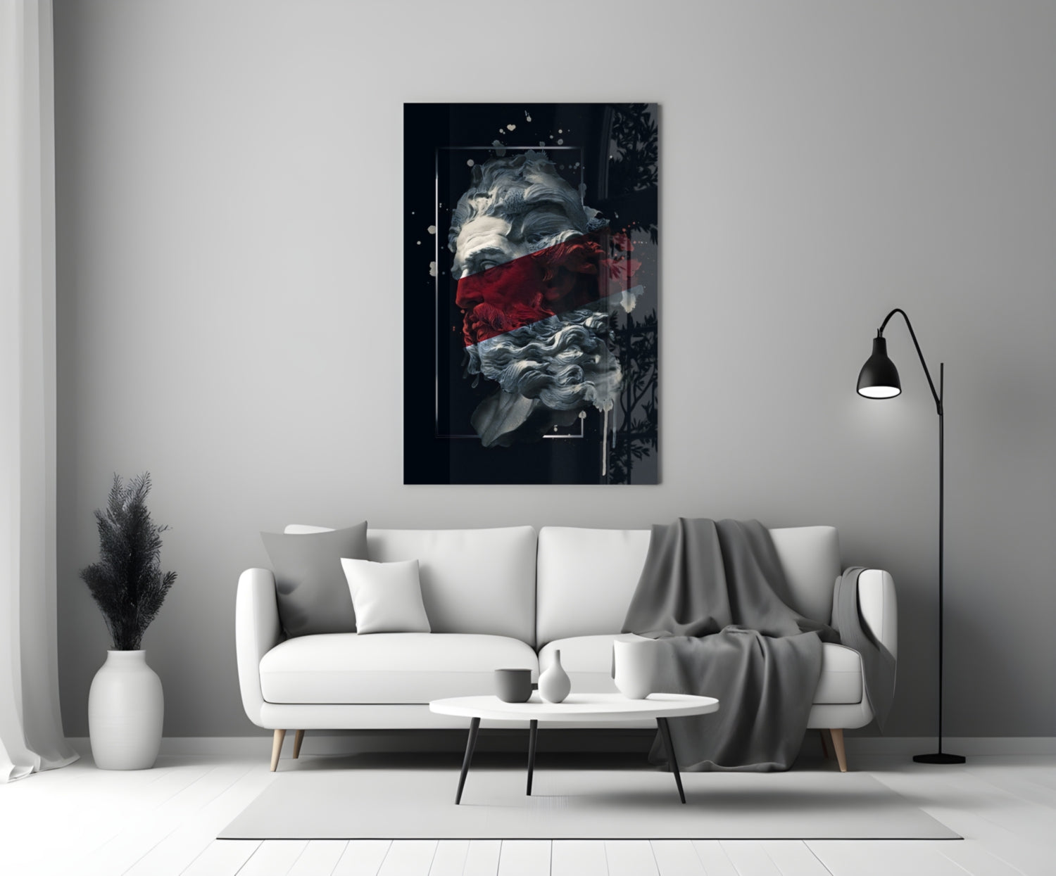 Crimson Paint Stripe Poseidon Bust Glass Wall Art