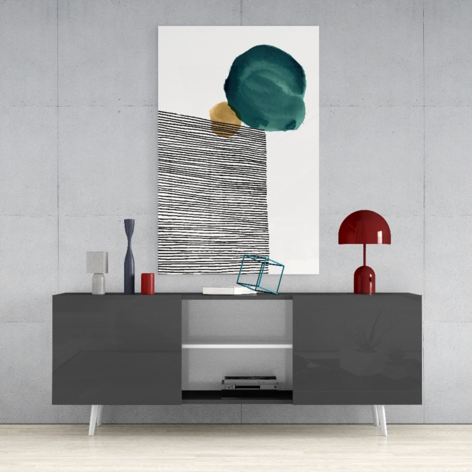 Teal Circle Black Stripes Gold Glass Wall Art