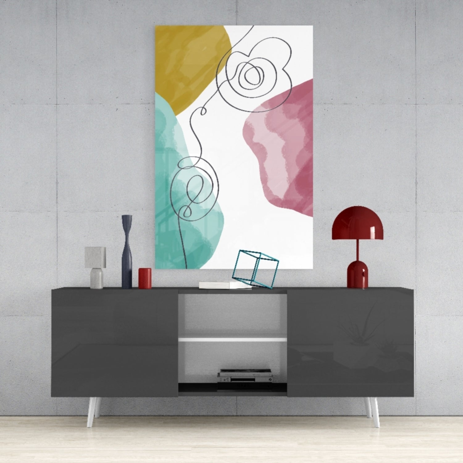 Mustard Teal Pink Scribble Loops Glass Wall Art