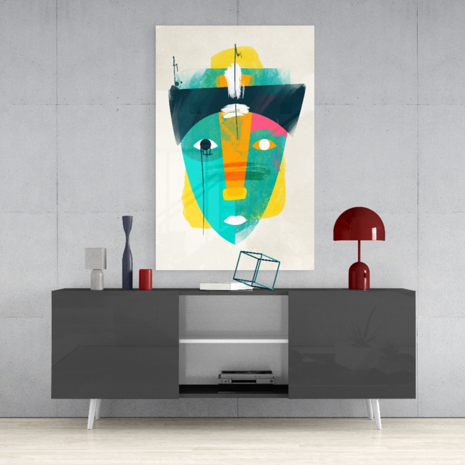 Tribal Mask Style Abstract Face Glass Wall Art