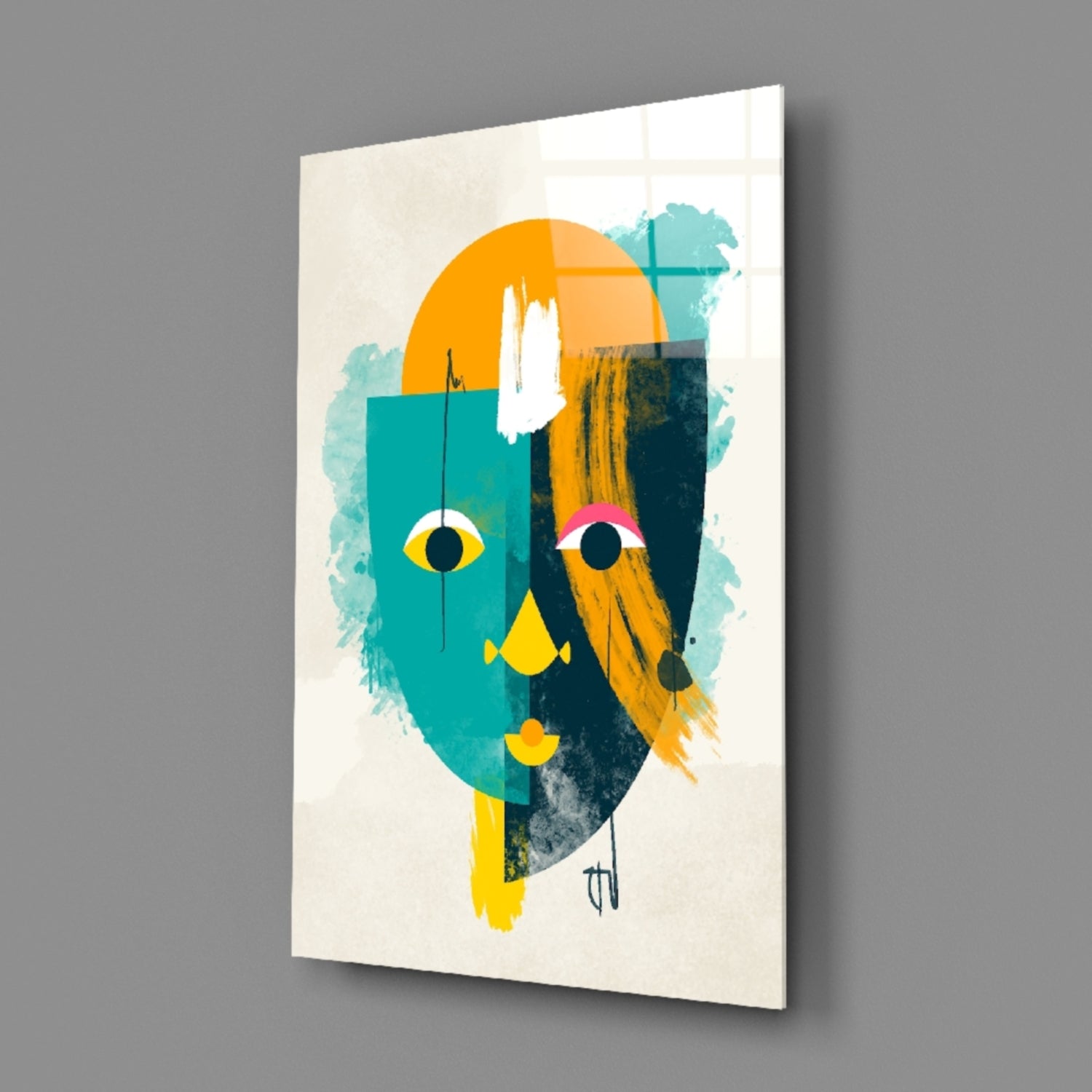 Teal And Yellow Geometric Face Glass Wall Art