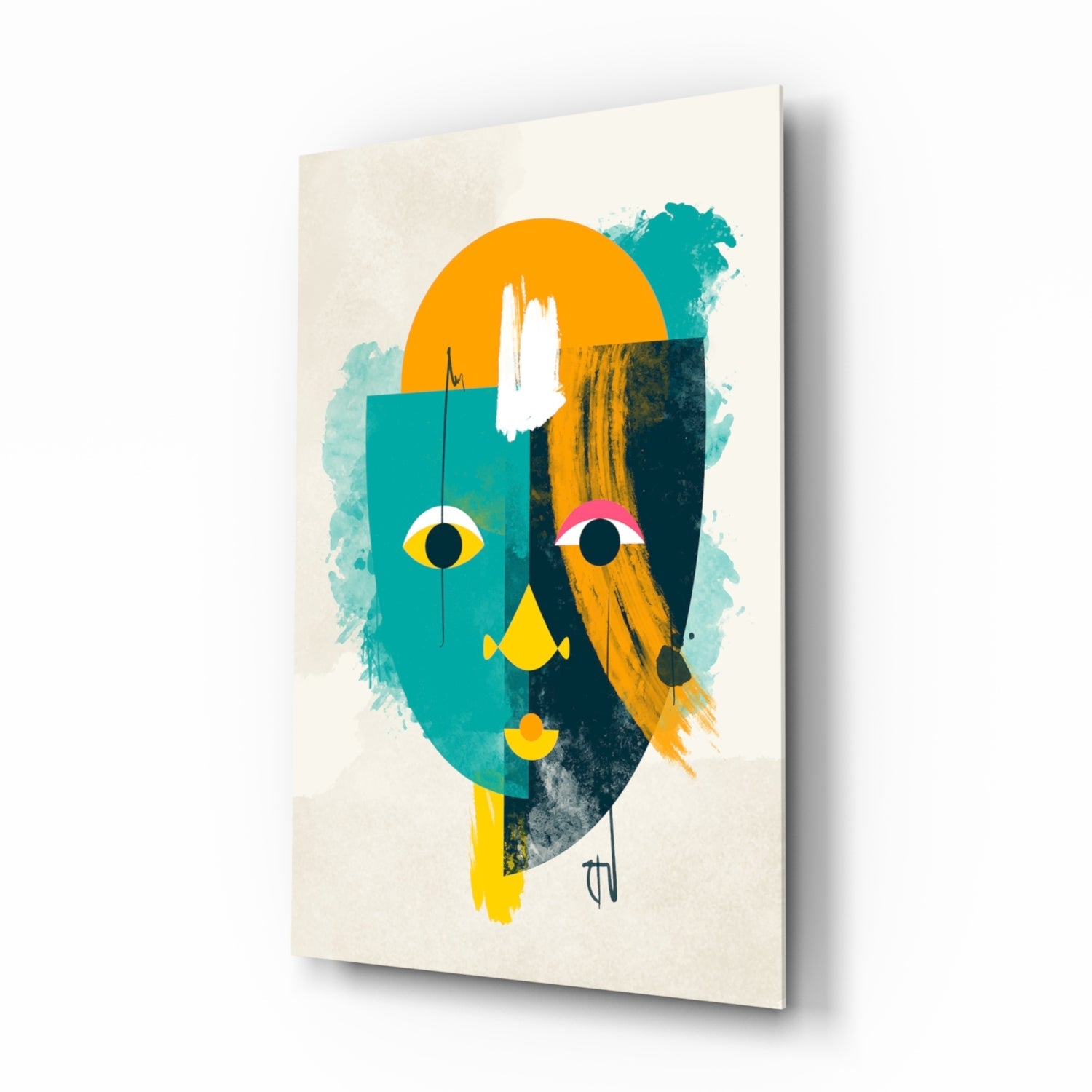 Teal And Yellow Geometric Face Glass Wall Art