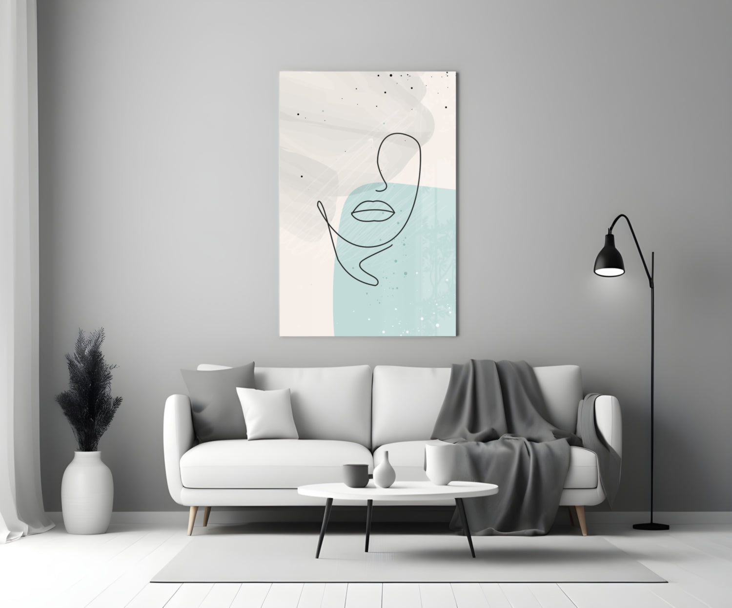Mint Grey Line Face With Lips Glass Wall Art
