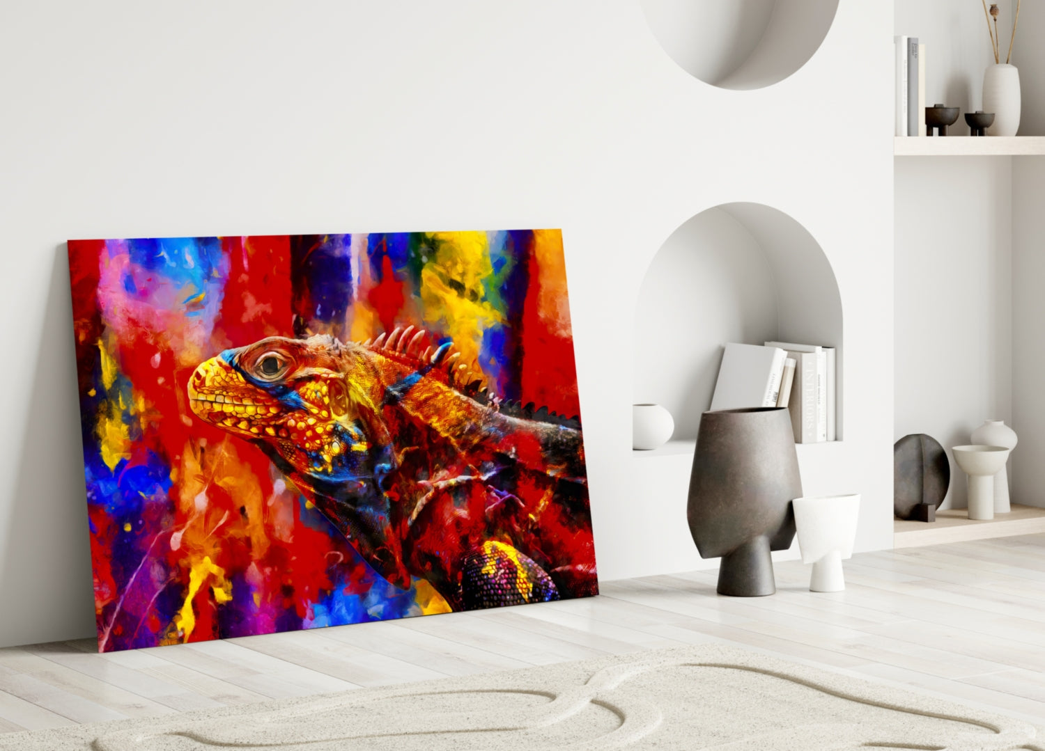 Vibrant Paint Splash Iguana Portrait Glass Wall Art