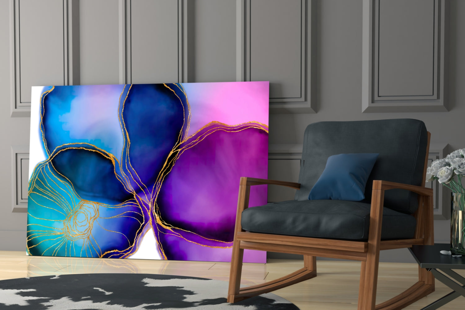 Purple Blue Gold Vein Marble Glass Wall Art