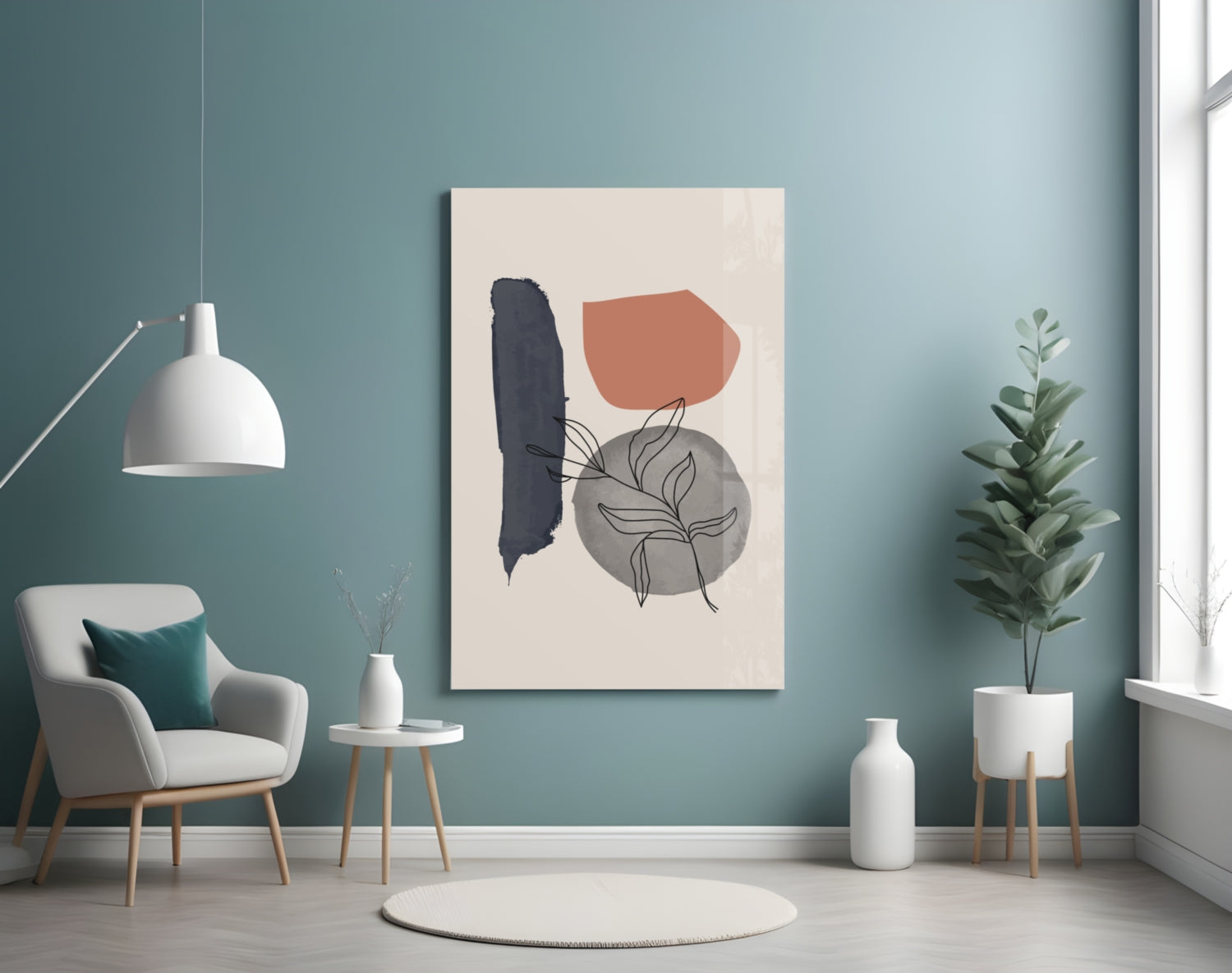 Navy Brush Leaf Grey Circle Glass Wall Art