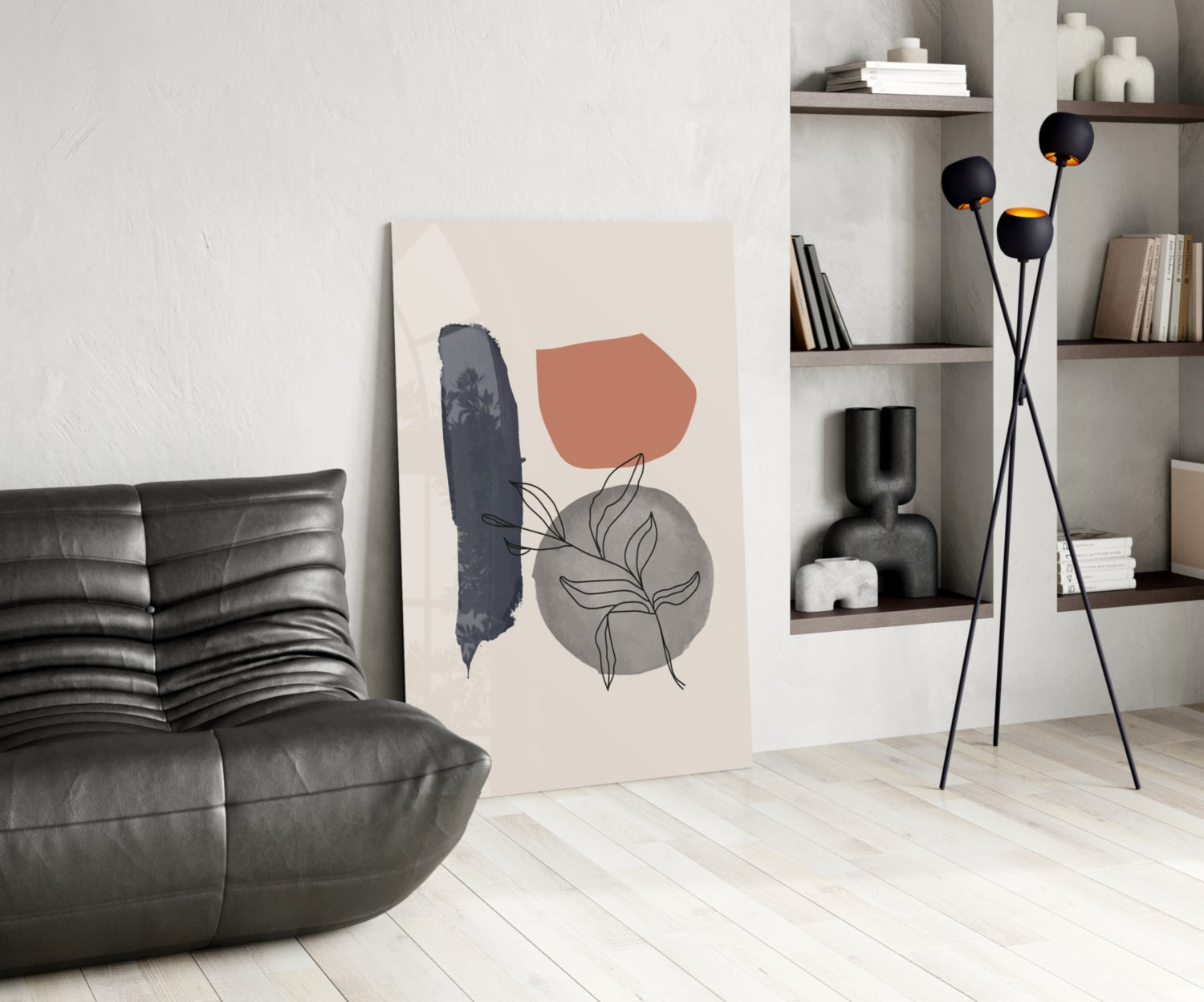 Navy Brush Leaf Grey Circle Glass Wall Art