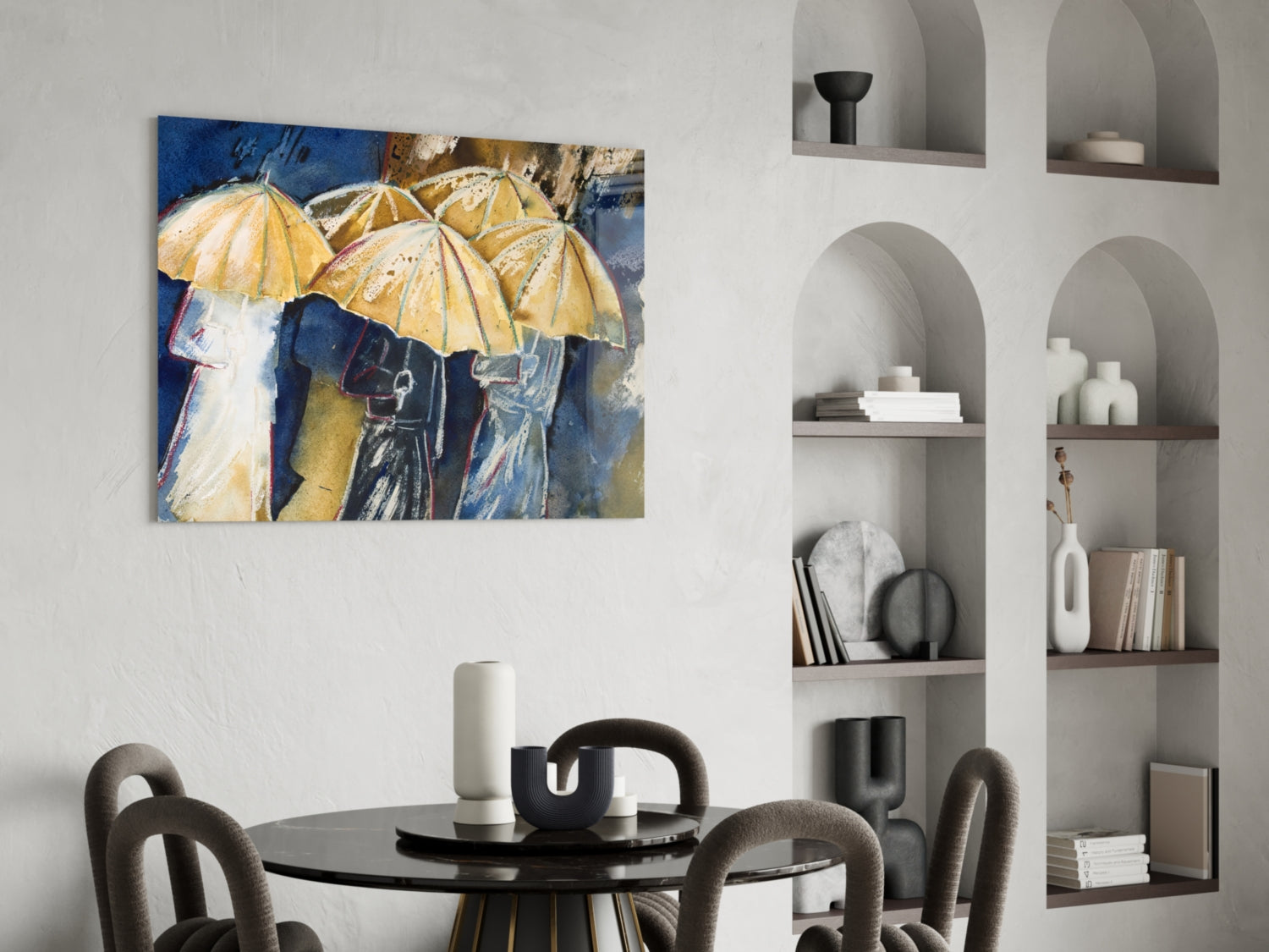 Watercolor Umbrella Crowd On Navy Glass Wall Art