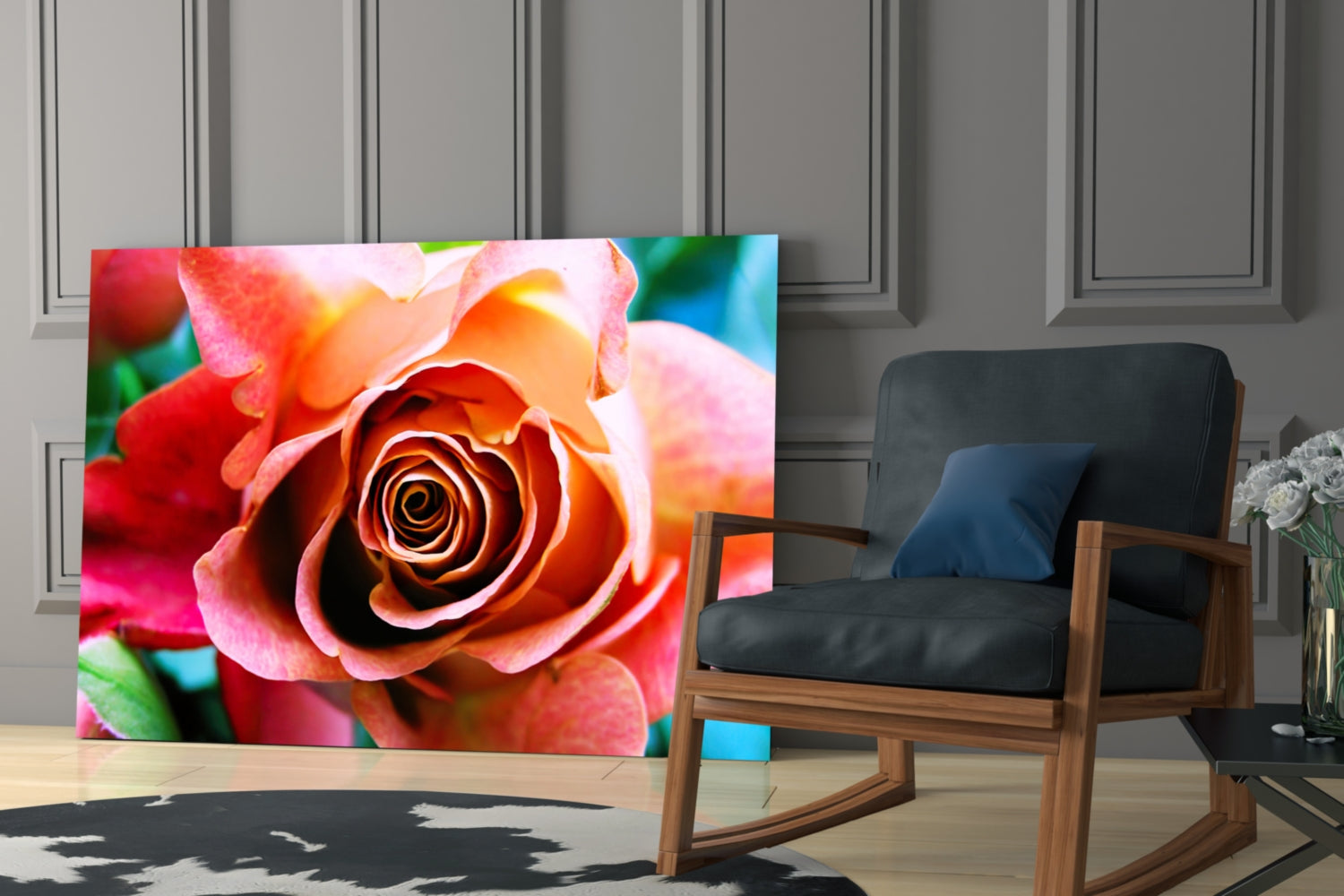 Peach Rose Teal Backdrop Glass Wall Art