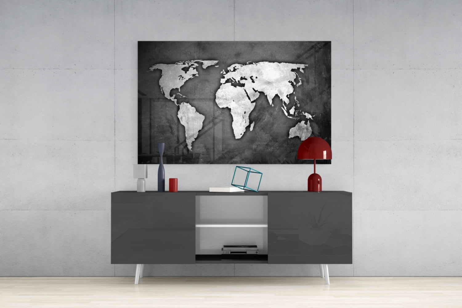 Silver Foil World Map Dark Glass Wall Art