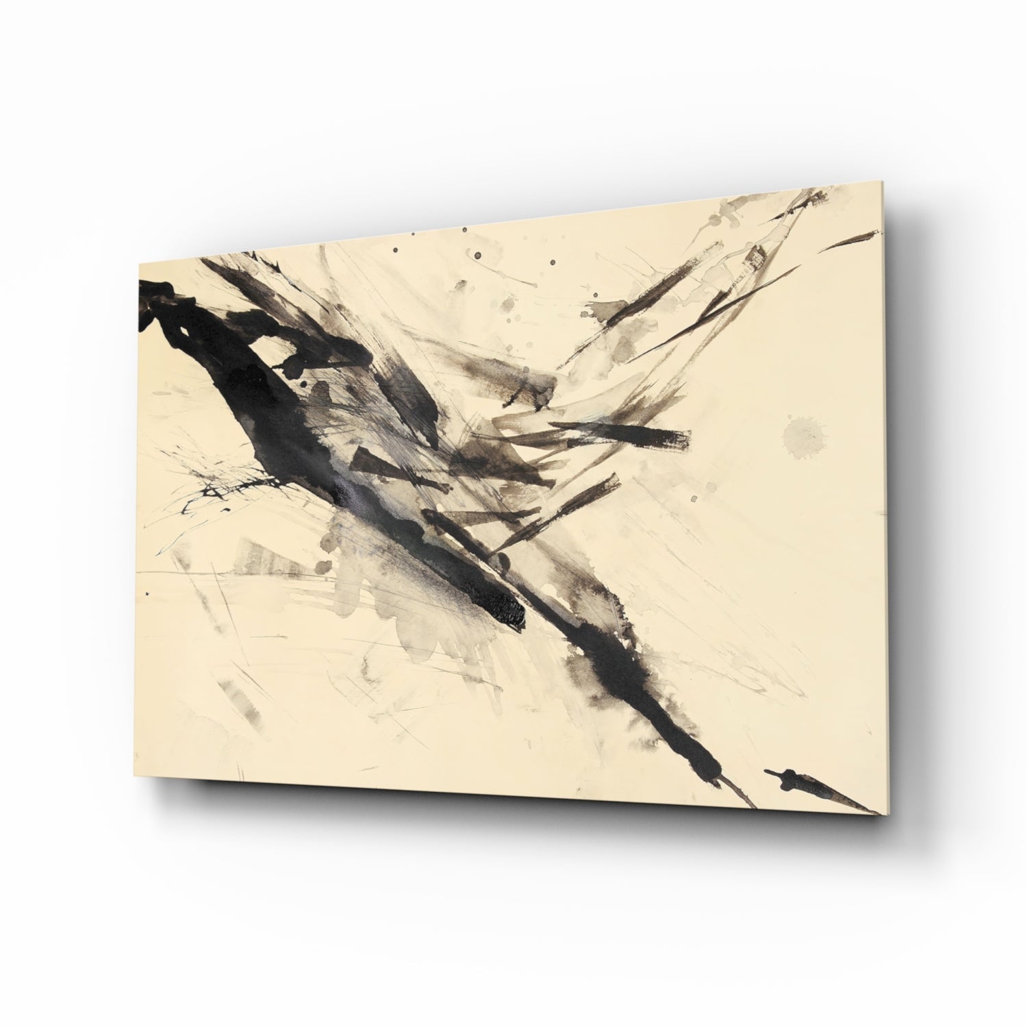 Black Ink Splash Beige Glass Wall Art