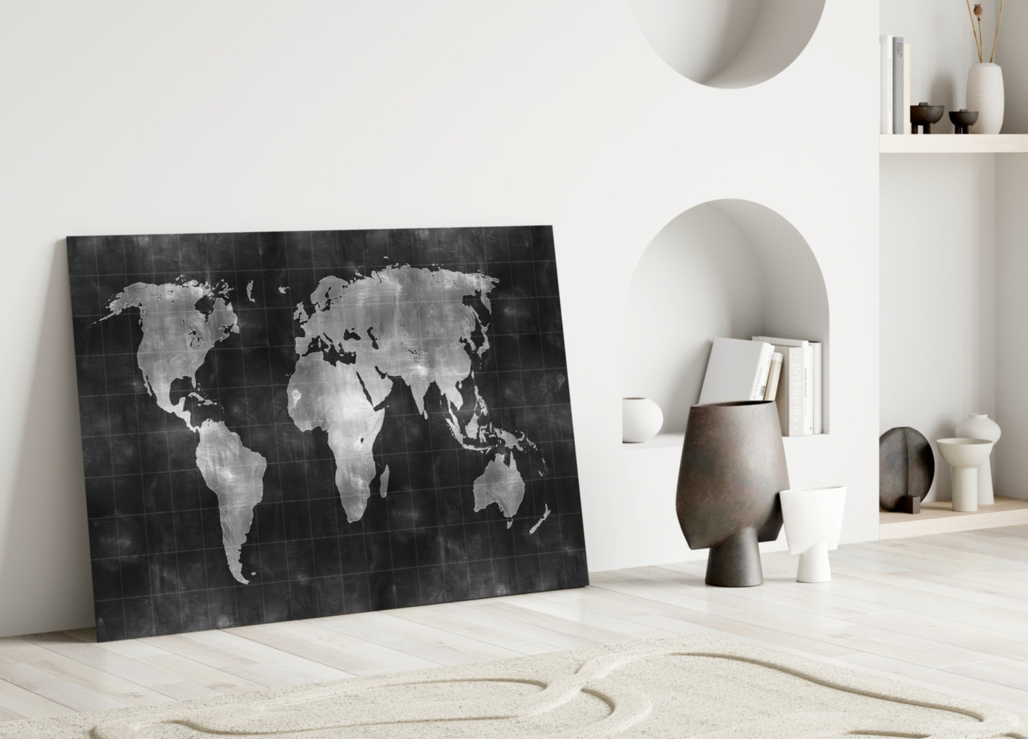Misty Silver World Map Grid Glass Wall Art