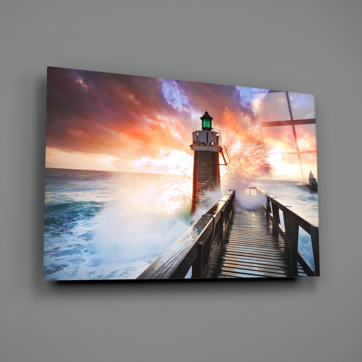 Fiery Sky Stormy Pier Lighthouse Glass Wall Art