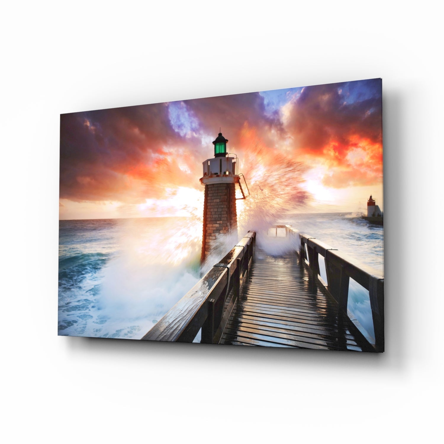 Fiery Sky Stormy Pier Lighthouse Glass Wall Art