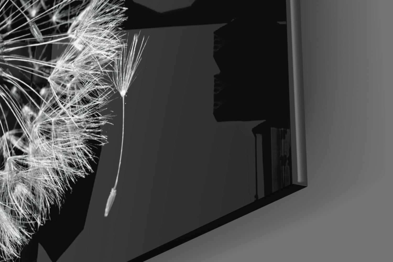 Dandelion Seeds Drifting Black Glass Wall Art