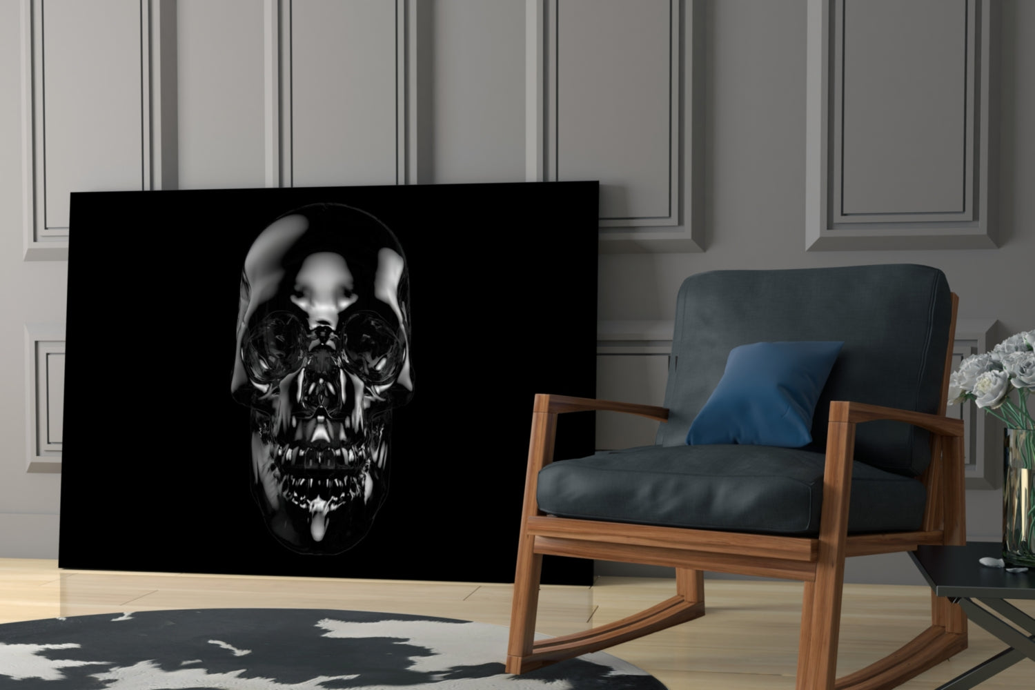 Dark Onyx Chrome Skull Glass Wall Art