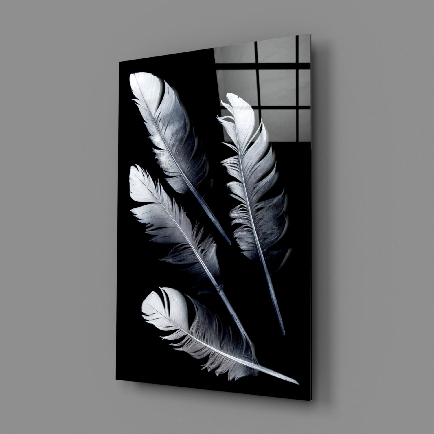 White Feathers on Black Glass Wall Art