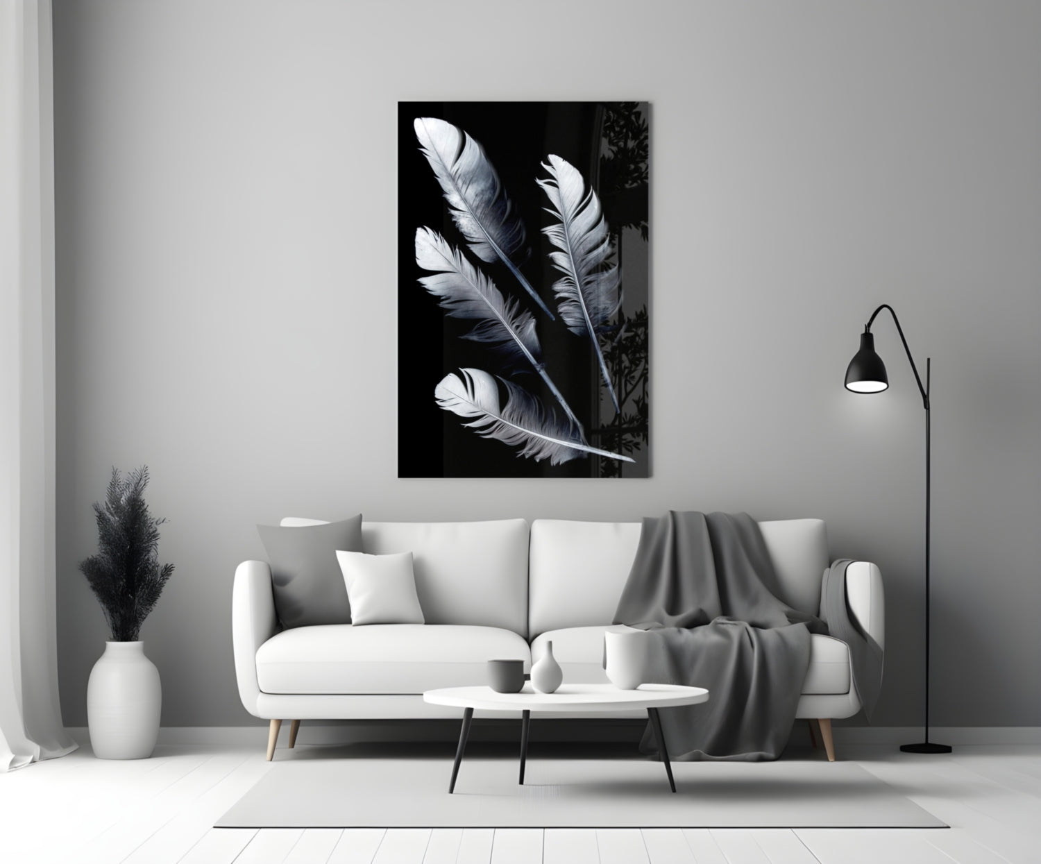 White Feathers on Black Glass Wall Art