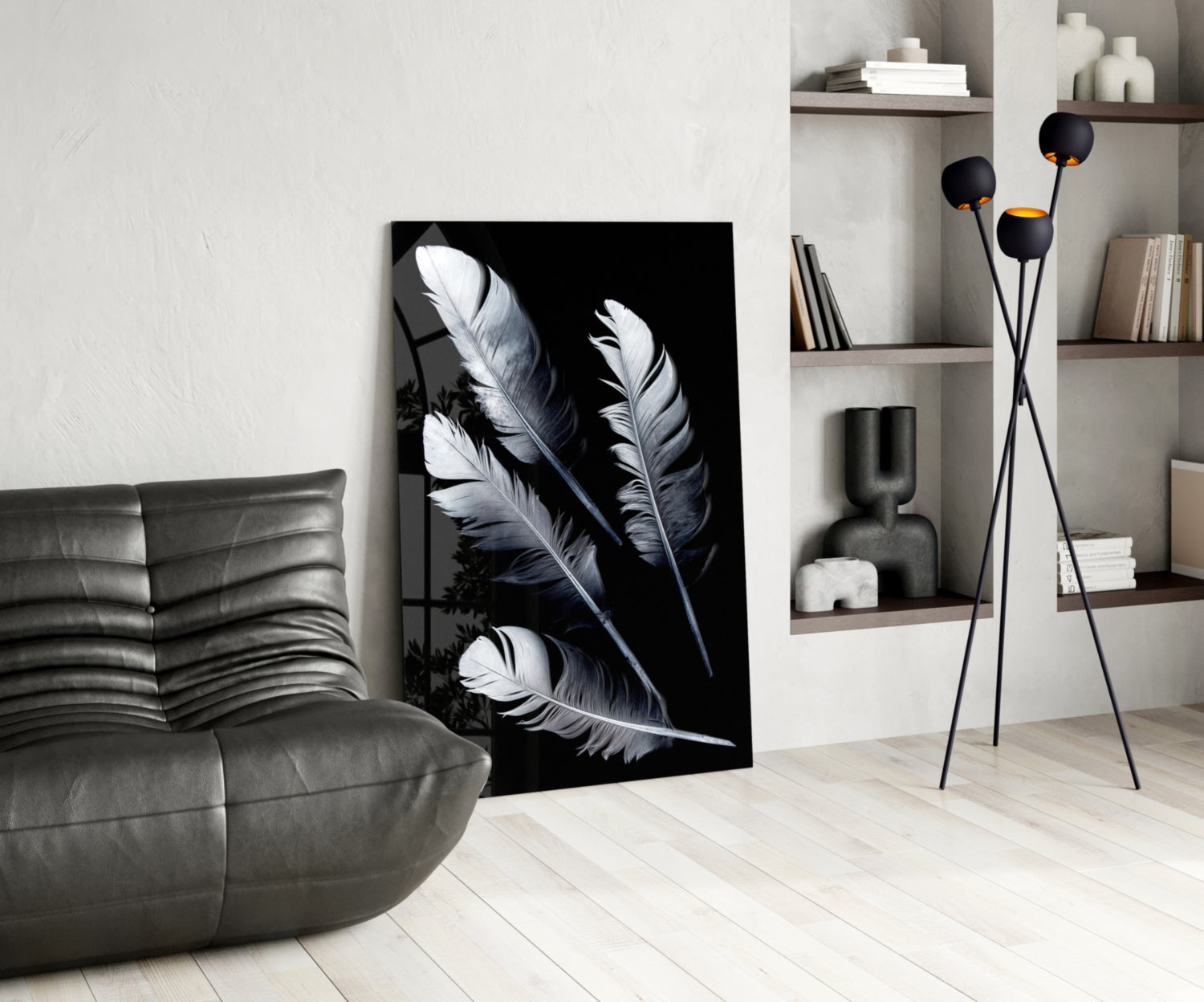 White Feathers on Black Glass Wall Art