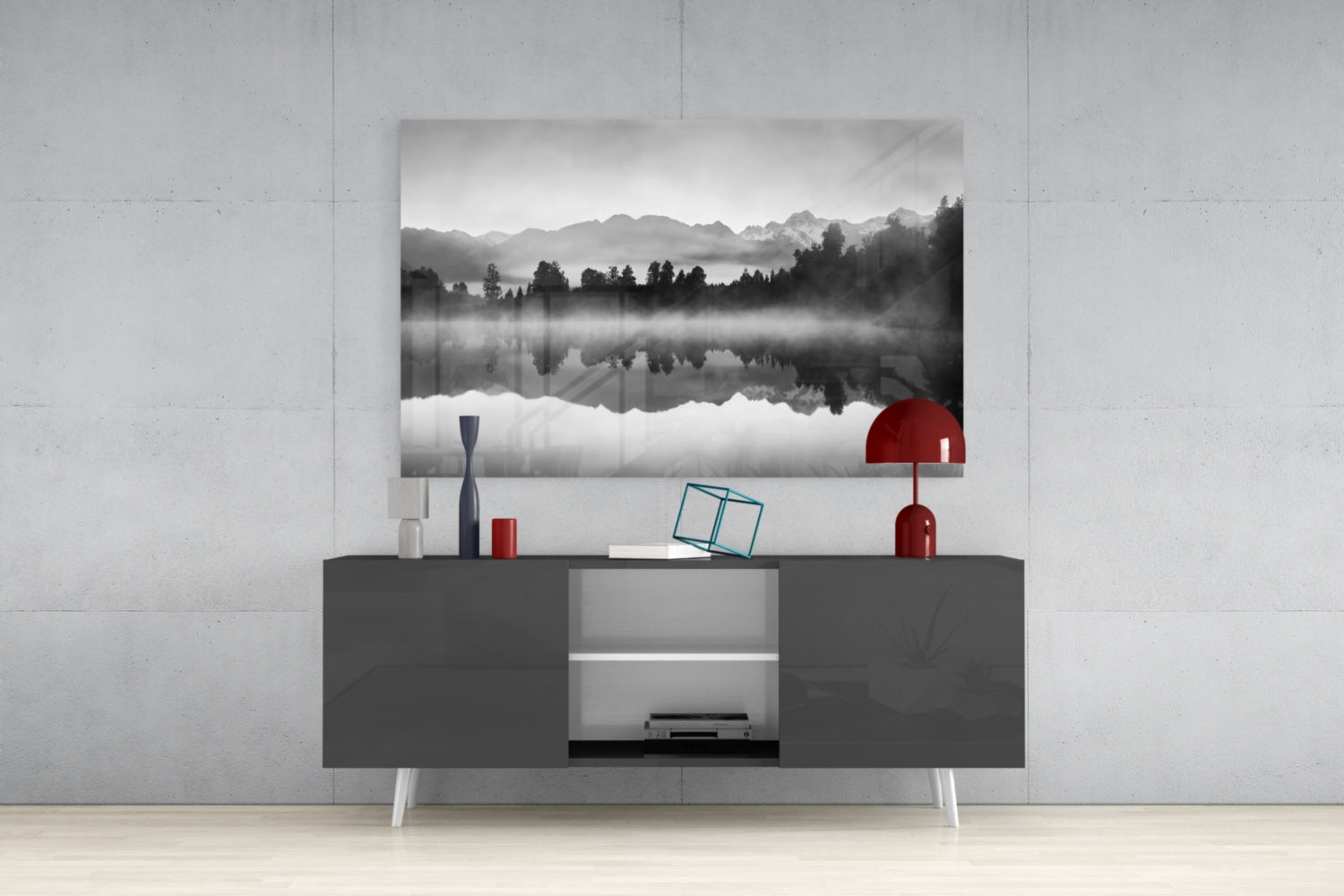 Misty Monochrome Lake Mirror Glass Wall Art