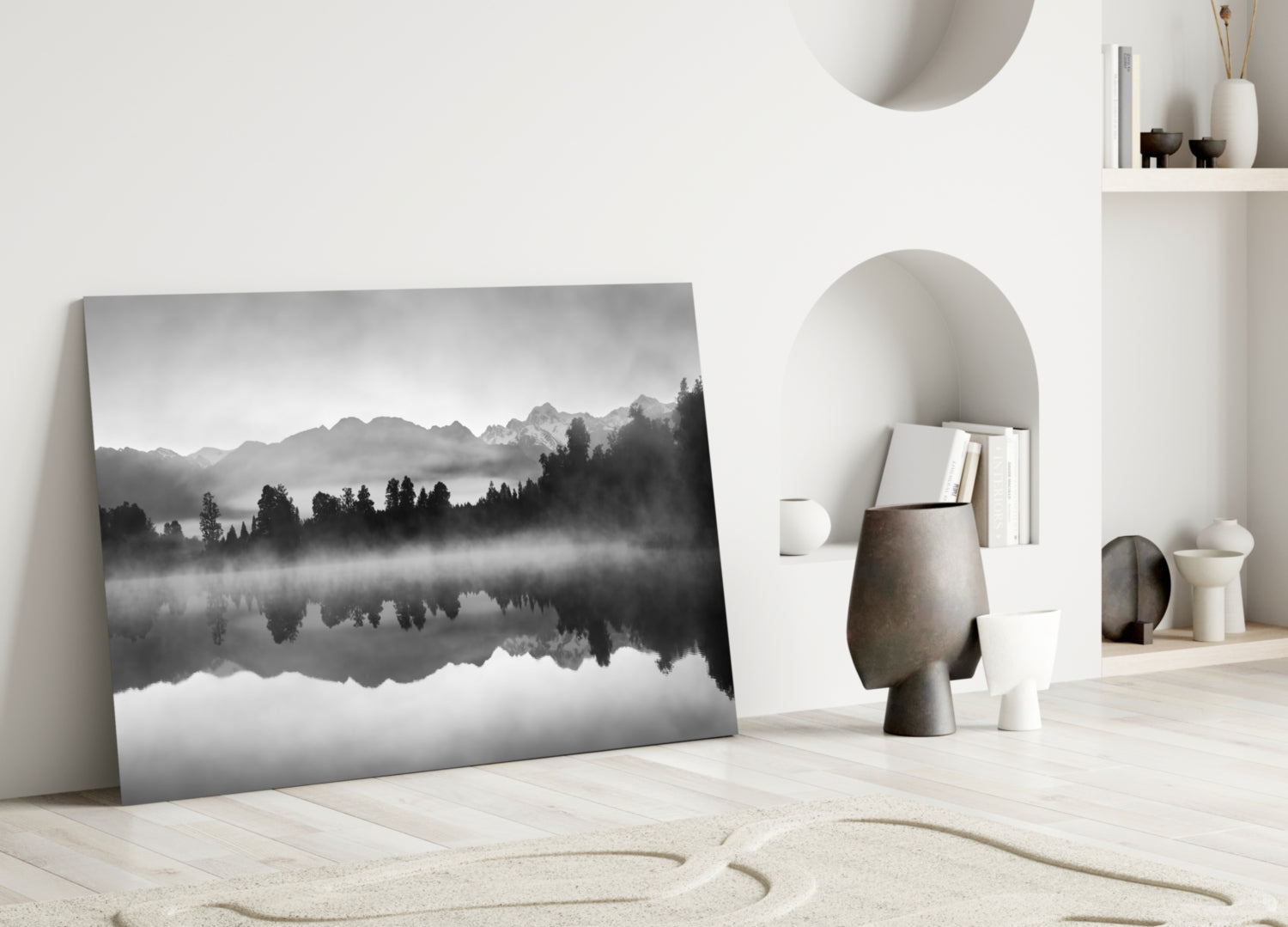 Misty Monochrome Lake Mirror Glass Wall Art