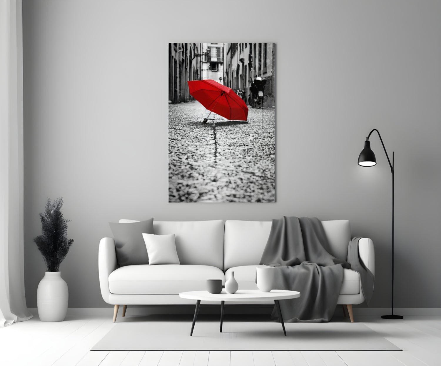 Lone Red Umbrella Cobblestone Street Glass Wall Art